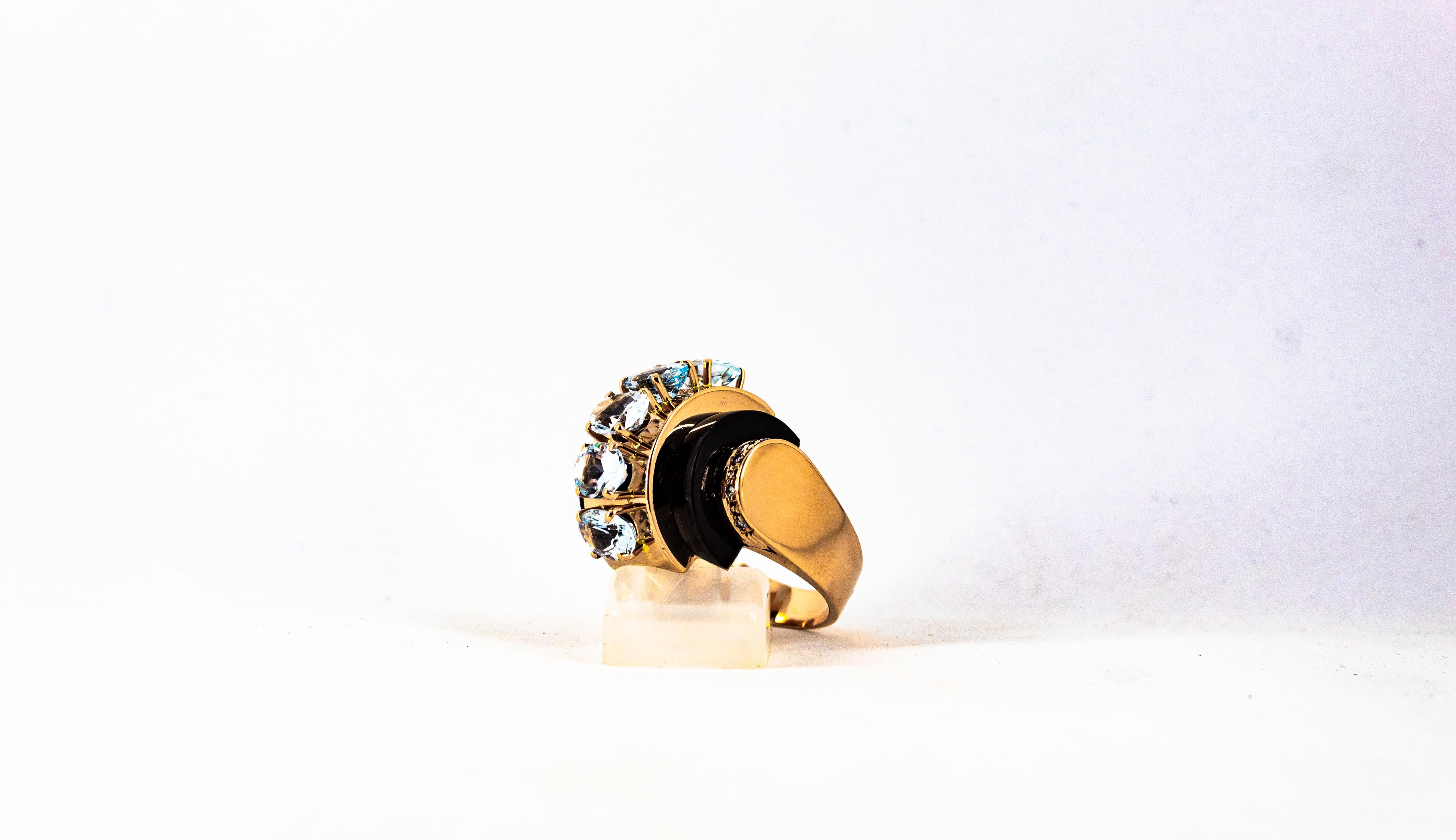 Art Deco Style 3.55 Carat White Diamond Aquamarine Onyx Yellow Gold Ring For Sale 7