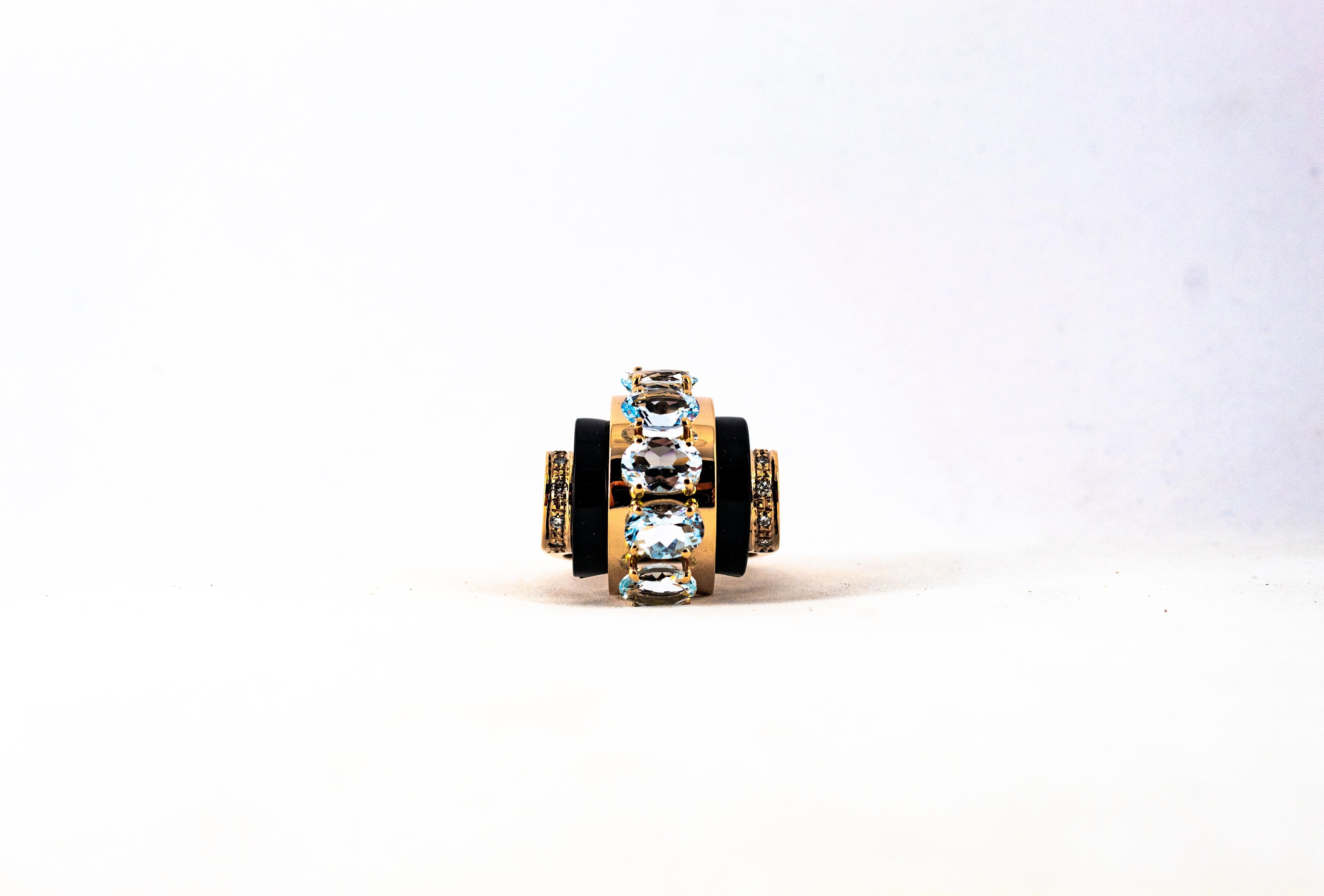 Art Deco Style 3.55 Carat White Diamond Aquamarine Onyx Yellow Gold Ring For Sale 8