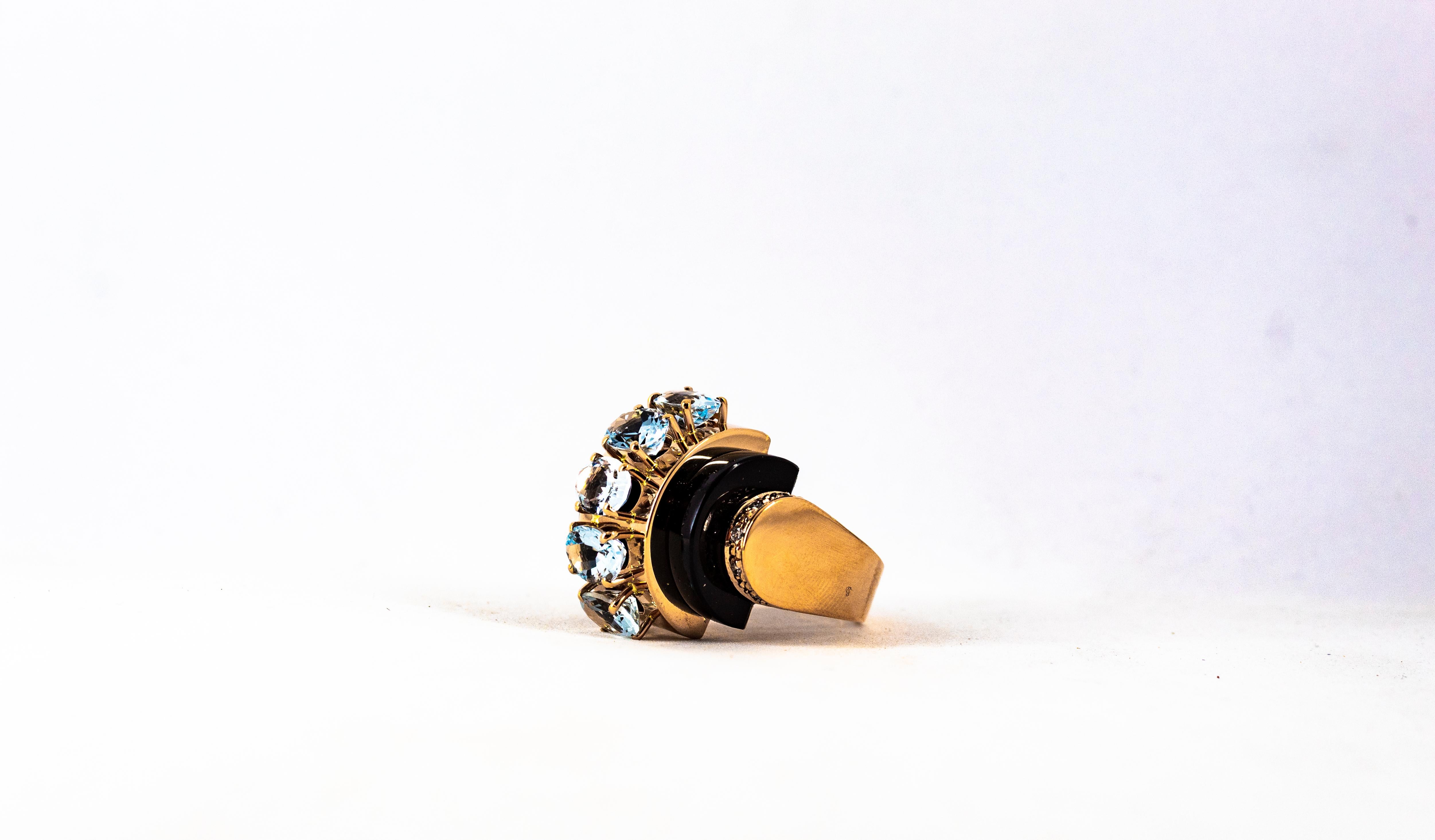 Art Deco Style 3.55 Carat White Diamond Aquamarine Onyx Yellow Gold Ring For Sale 9