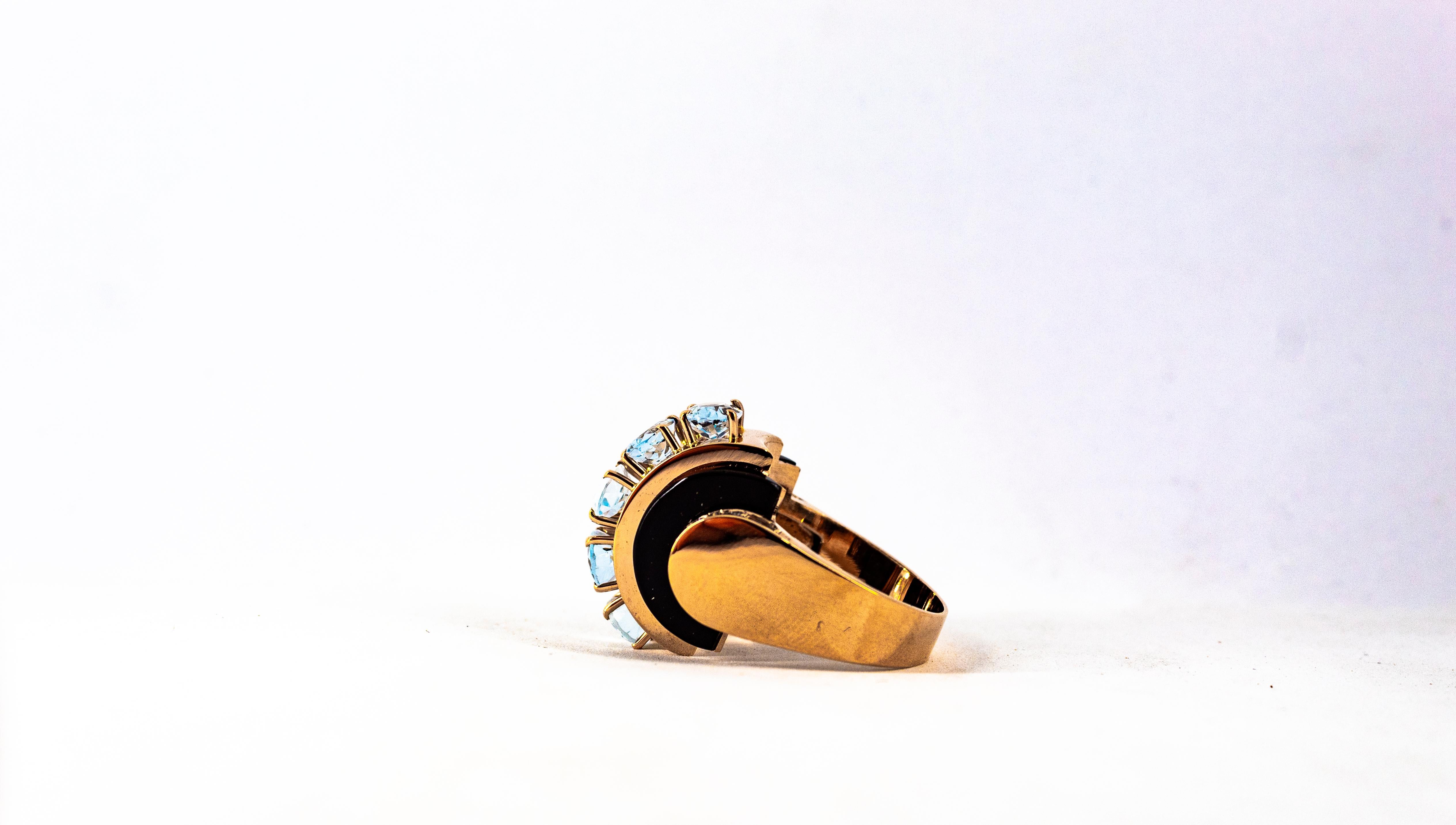 Art Deco Style 3.55 Carat White Diamond Aquamarine Onyx Yellow Gold Ring 10