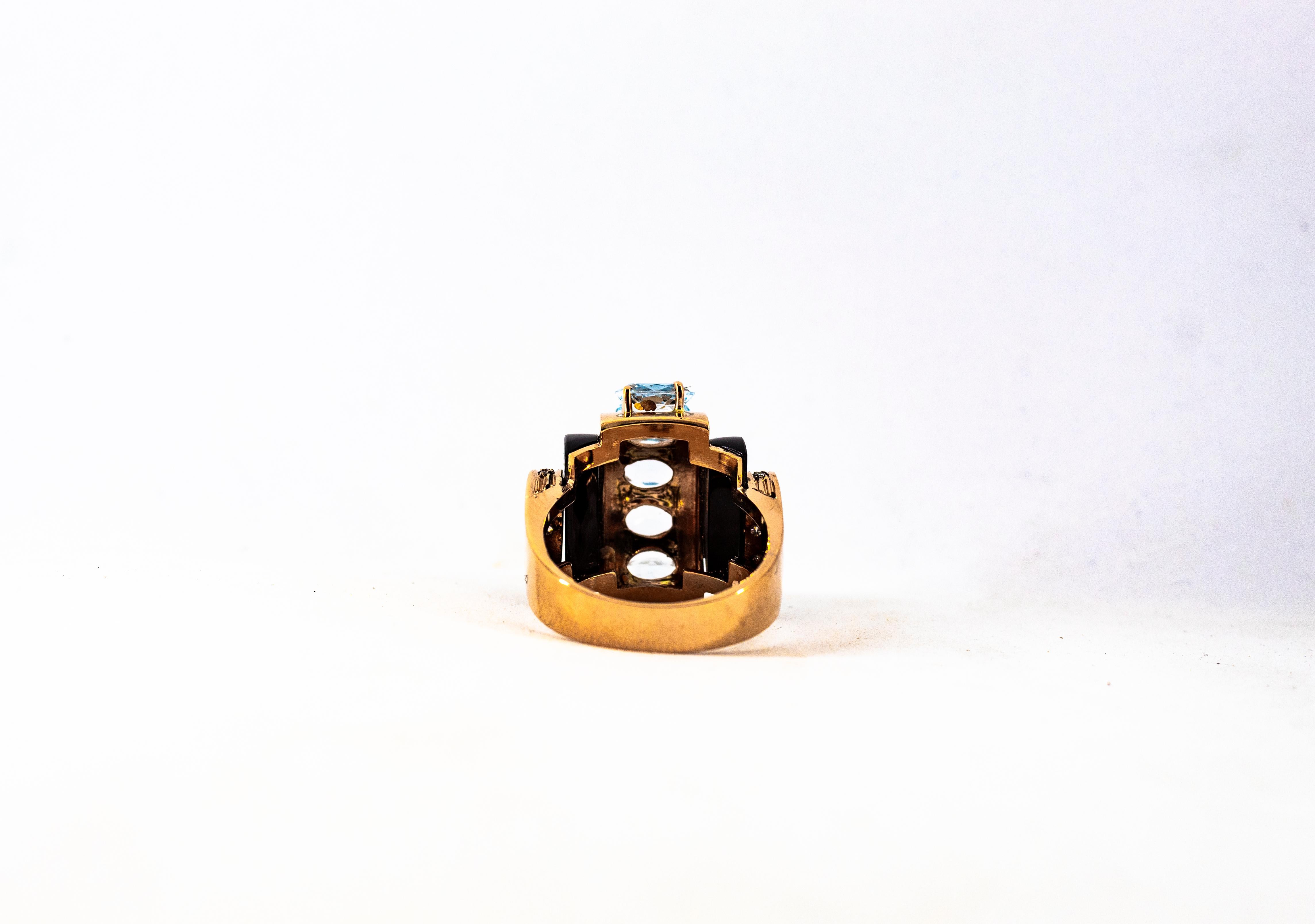 Art Deco Style 3.55 Carat White Diamond Aquamarine Onyx Yellow Gold Ring 11