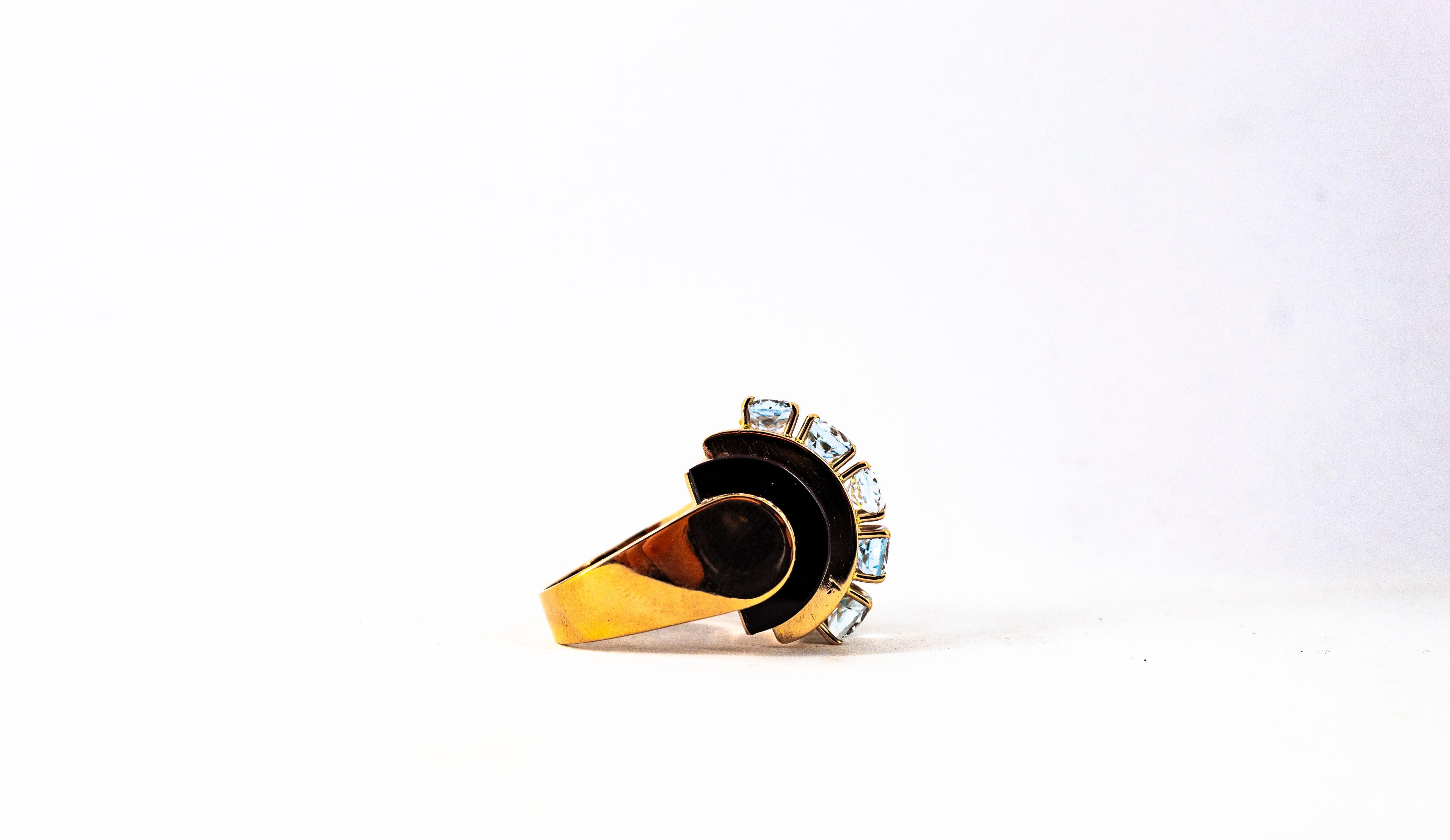 Art Deco Style 3.55 Carat White Diamond Aquamarine Onyx Yellow Gold Ring For Sale 12