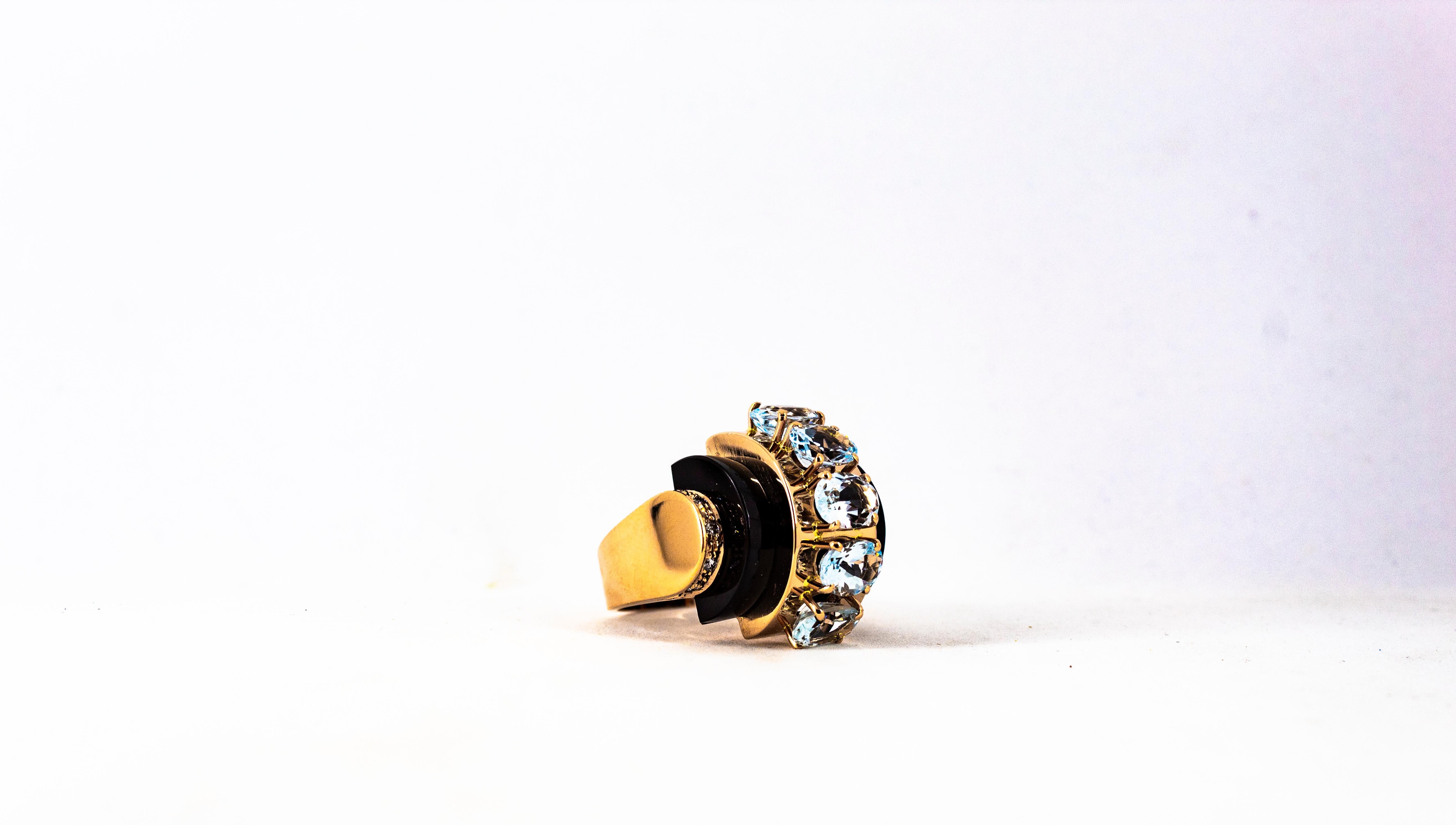 Art Deco Style 3.55 Carat White Diamond Aquamarine Onyx Yellow Gold Ring For Sale 13