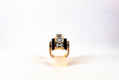 Art Deco Style 3.55 Carat White Diamond Aquamarine Onyx Yellow Gold Ring