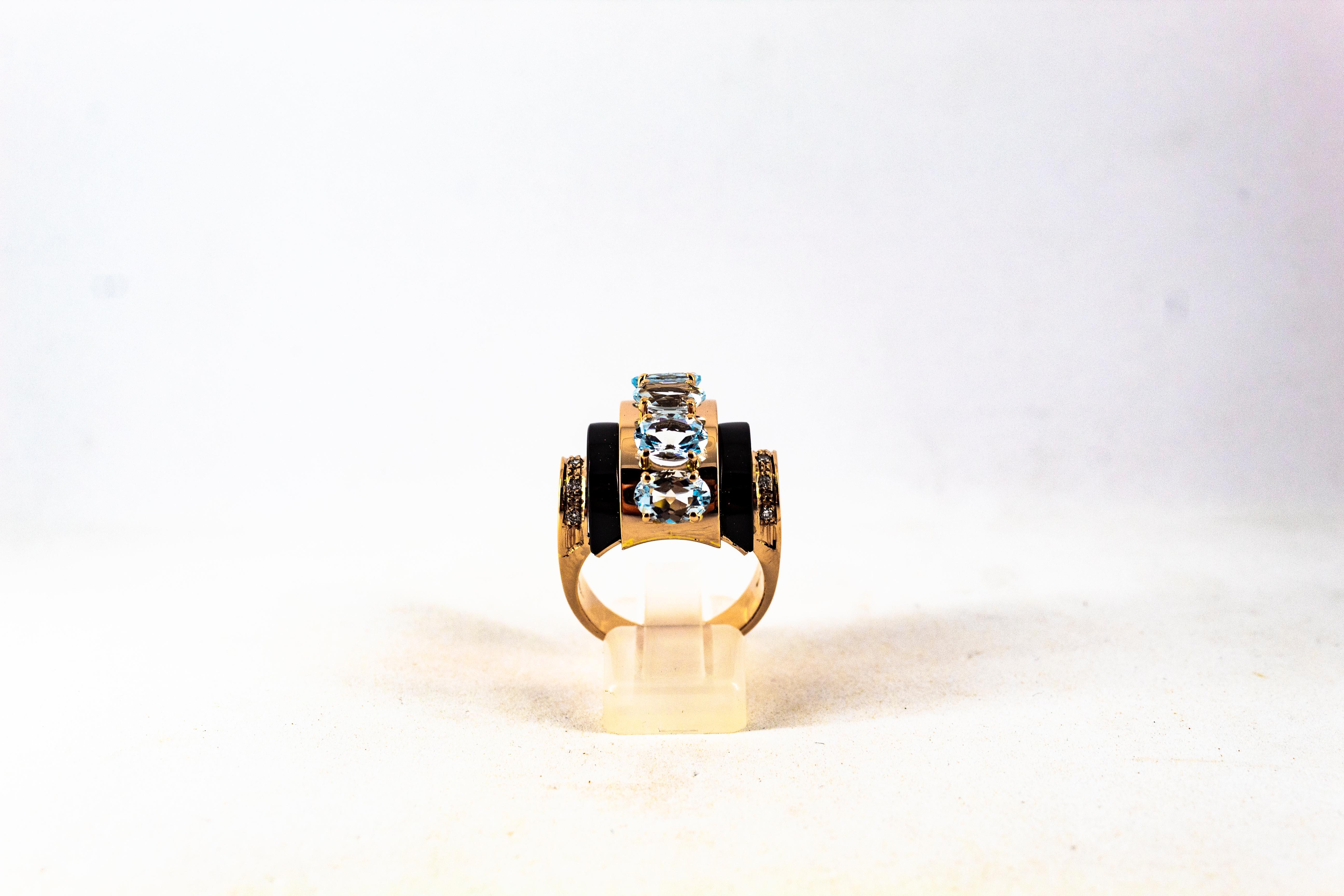 Taille brillant Bague en or jaune de style Art déco avec aigue-marine, onyx et diamant blanc de 3,55 carats en vente