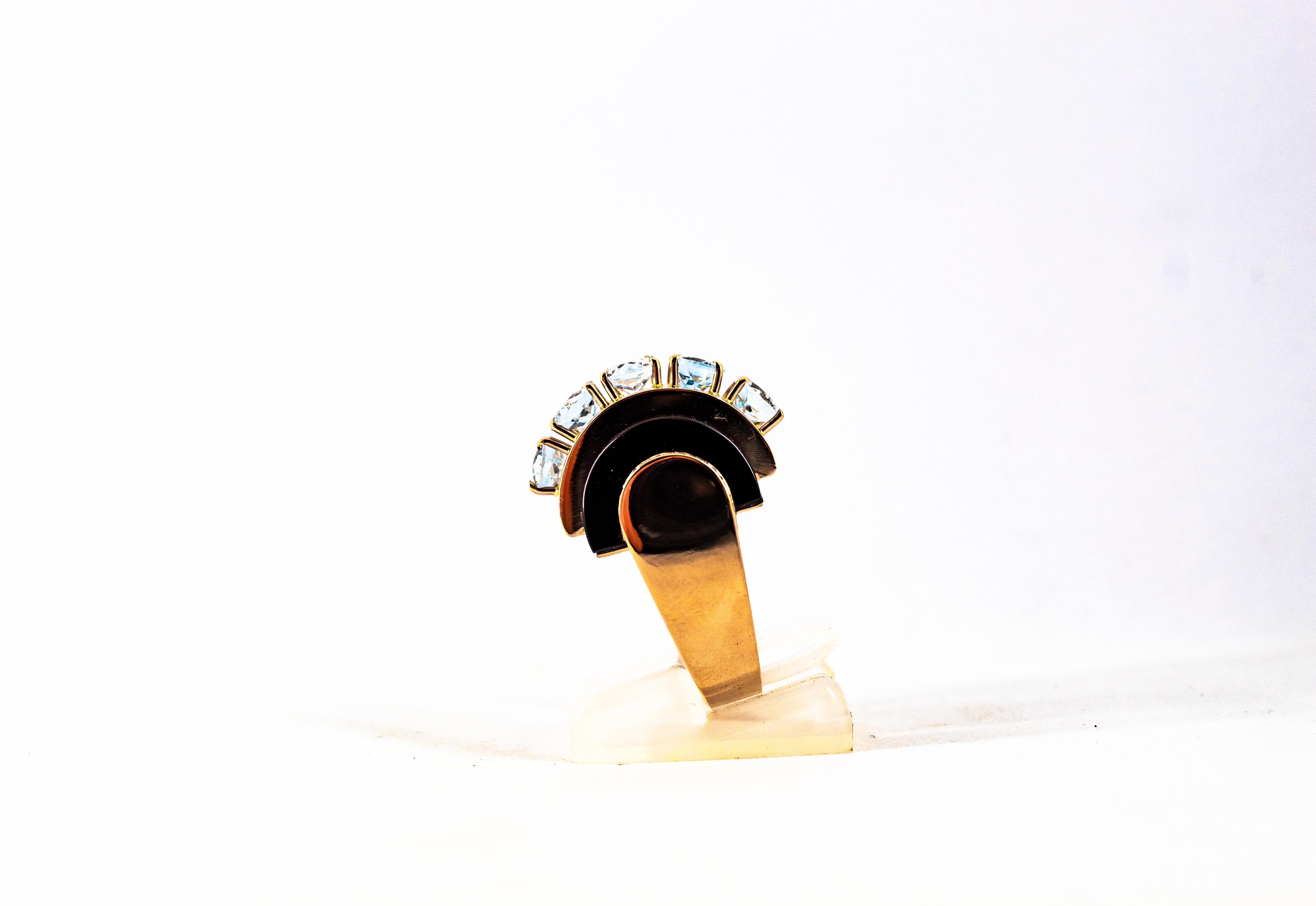 Bague en or jaune de style Art déco avec aigue-marine, onyx et diamant blanc de 3,55 carats Unisexe en vente