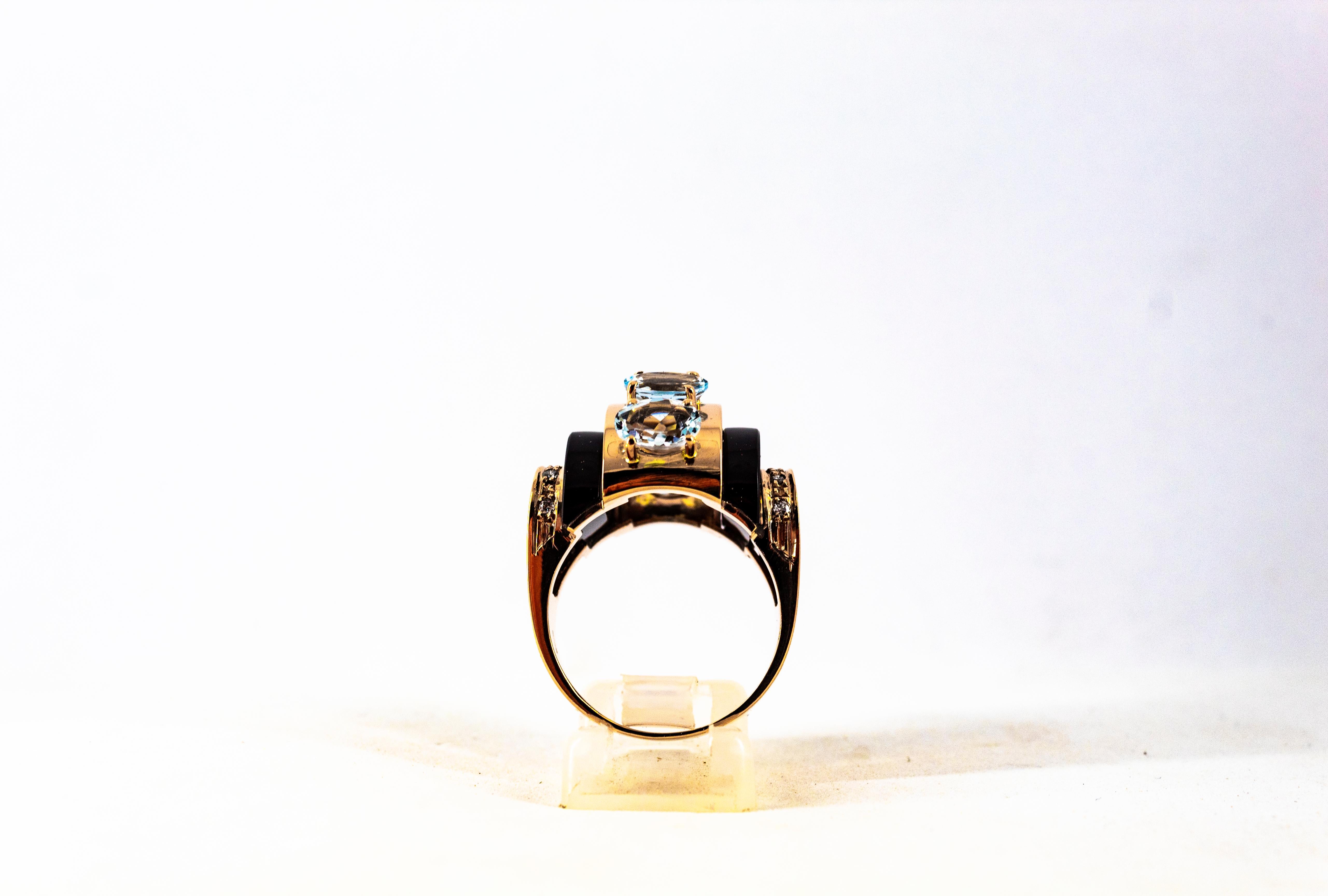 Art Deco Style 3.55 Carat White Diamond Aquamarine Onyx Yellow Gold Ring 2