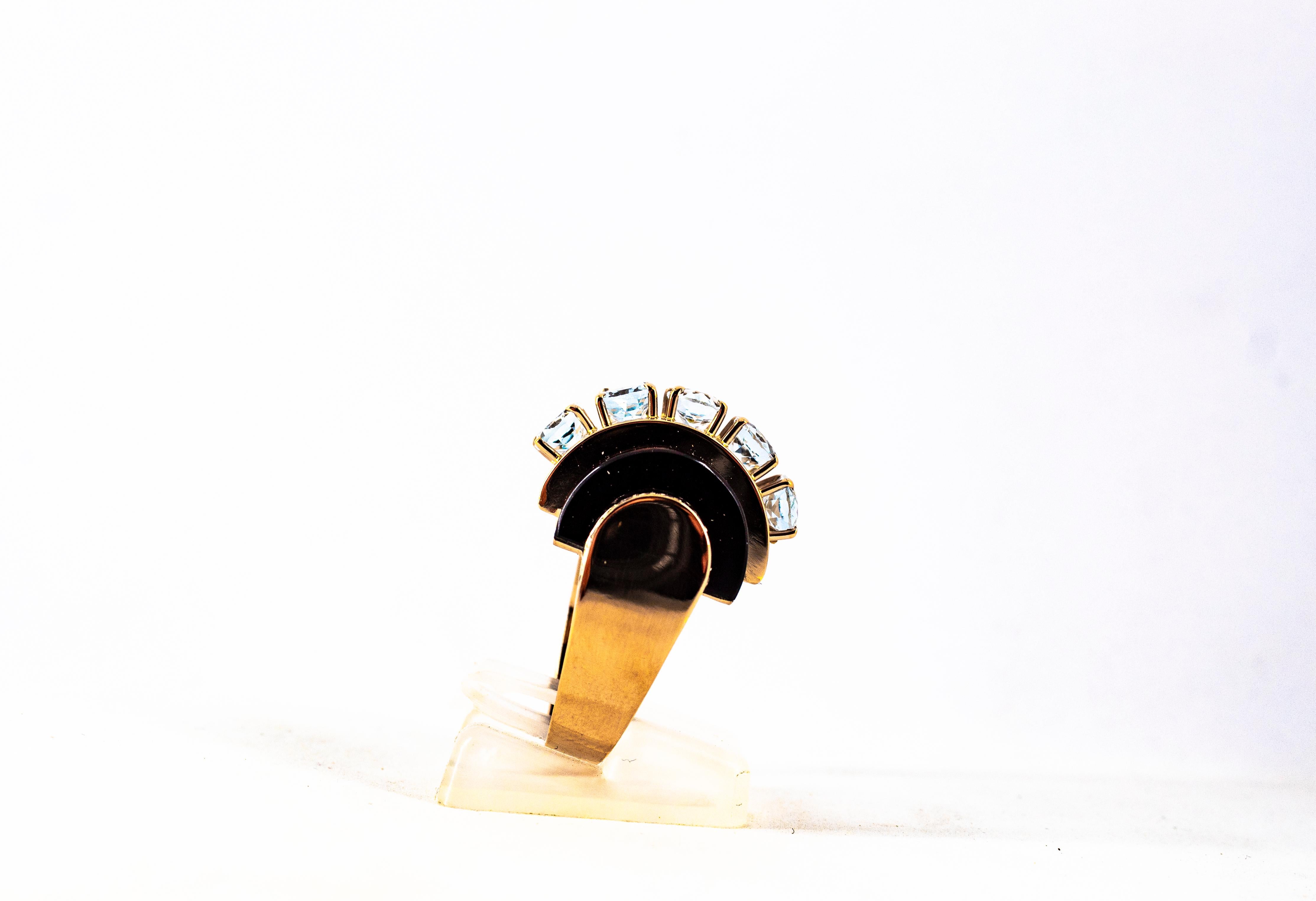 Art Deco Style 3.55 Carat White Diamond Aquamarine Onyx Yellow Gold Ring For Sale 3