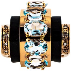 Art Deco Style 3.55 Carat White Diamond Aquamarine Onyx Yellow Gold Ring
