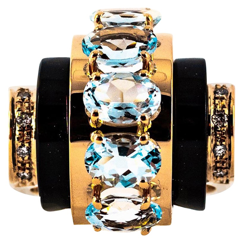 Bague en or jaune de style Art déco avec aigue-marine, onyx et diamant blanc de 3,55 carats