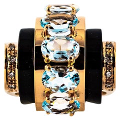 Bague en or jaune de style Art déco avec aigue-marine, onyx et diamant blanc de 3,55 carats