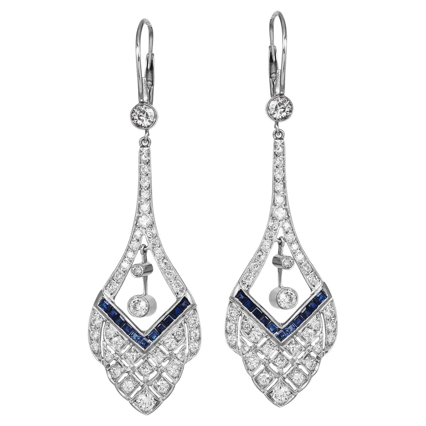 Art Deco Sapphire Diamond Drop Earrings at 1stDibs