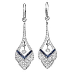 Art Deco Style 3.55cts Diamond Sapphire Platinum Geometric Dangle Drop Earrings