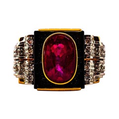 Art Deco Style 3.57 Carat White Diamond Oval Cut Ruby Onyx Yellow Gold Ring