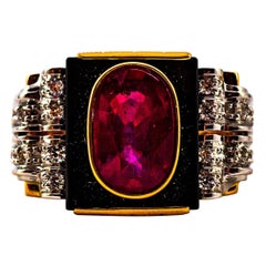 Art Deco Style 3.57 Carat White Diamond Oval Cut Ruby Onyx Yellow Gold Ring