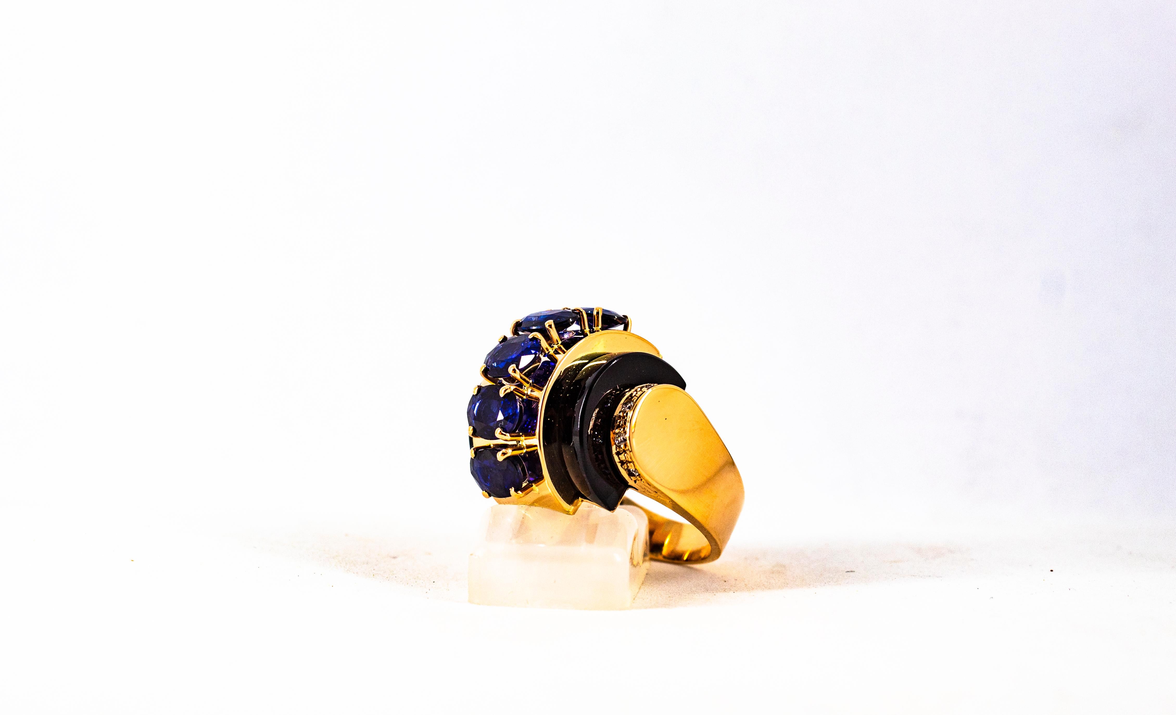 Art Deco Style 3.75 Carat White Diamond Blue Sapphire Onyx Yellow Gold Ring For Sale 6