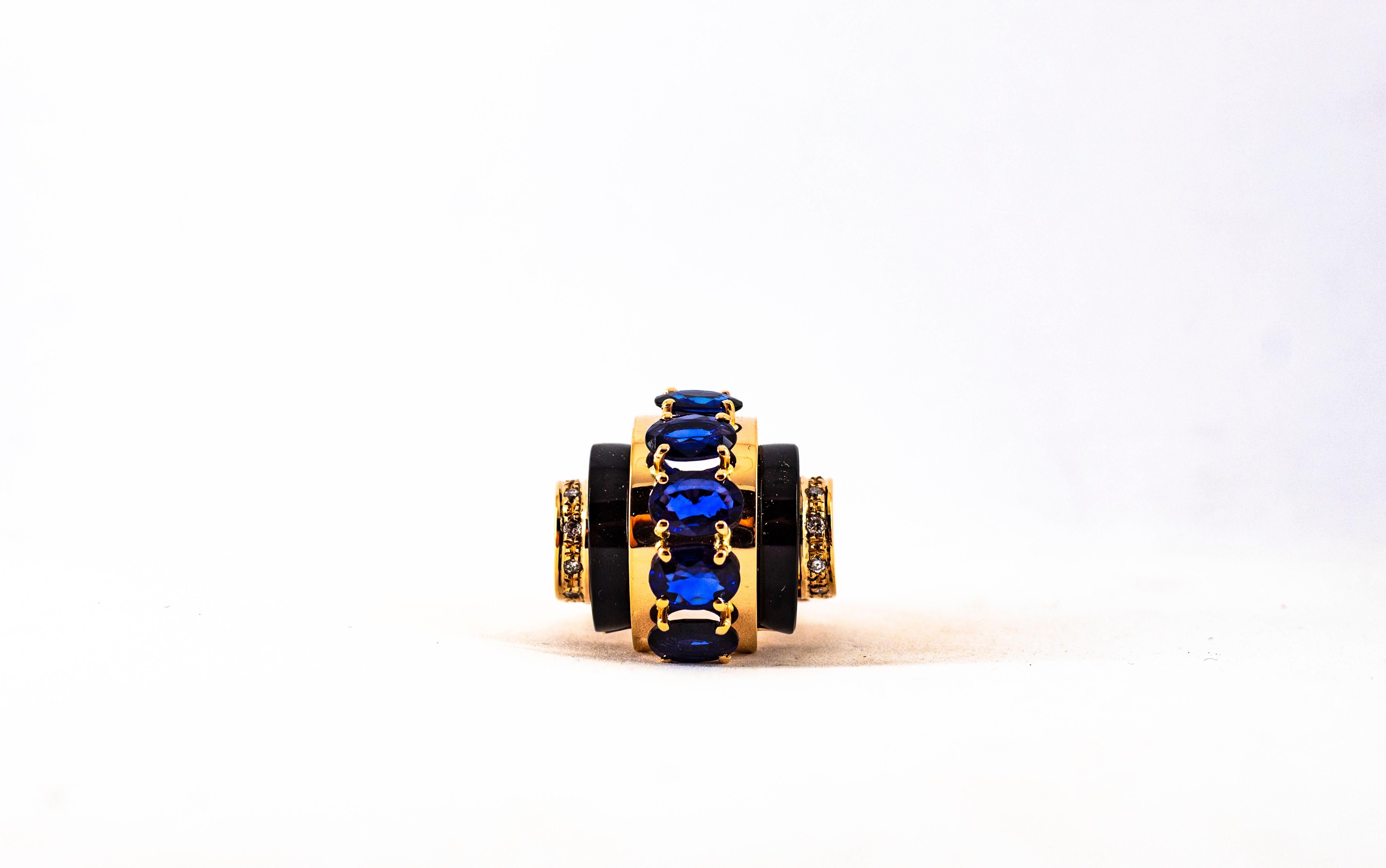 Art Deco Style 3.75 Carat White Diamond Blue Sapphire Onyx Yellow Gold Ring For Sale 7