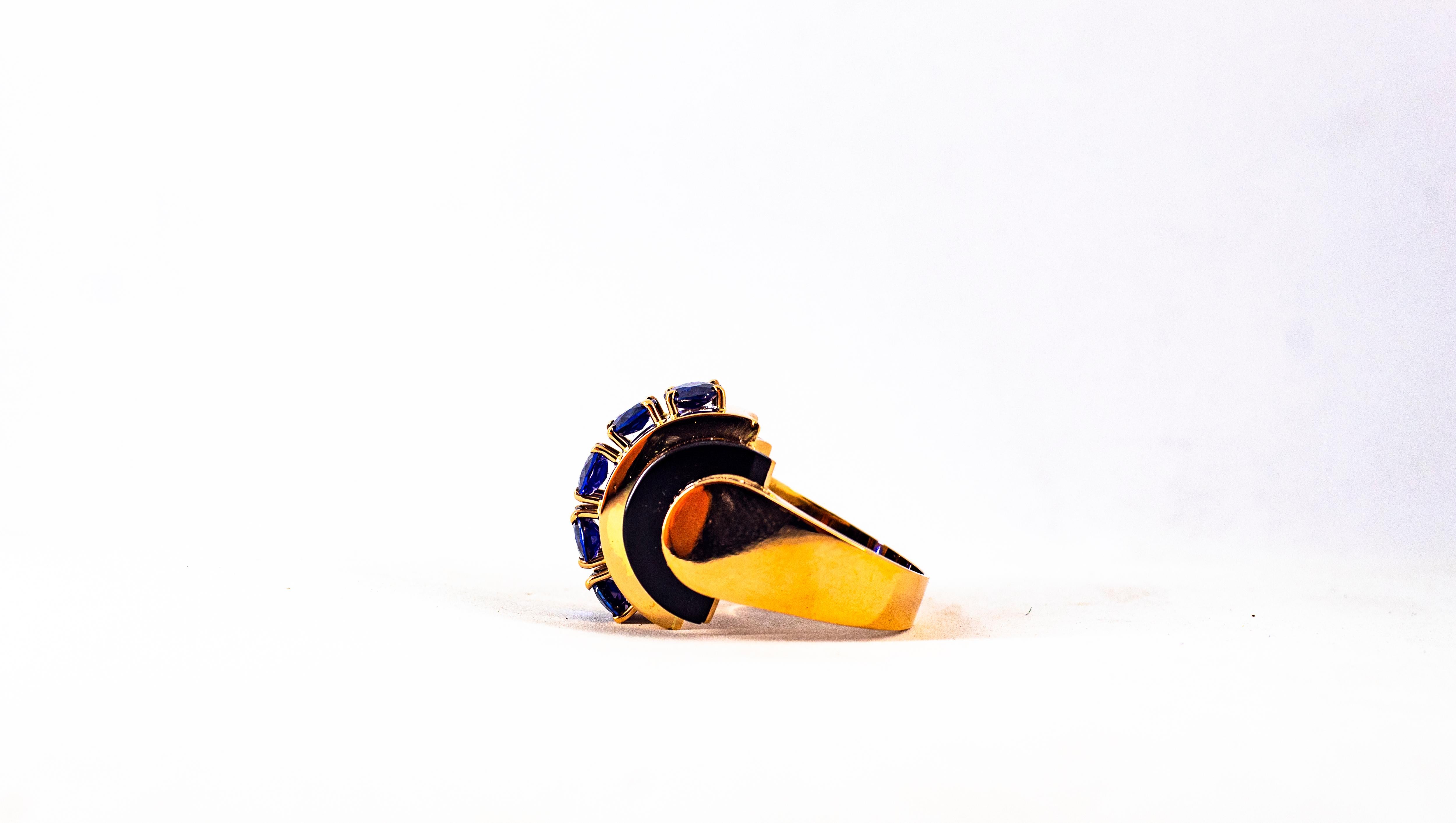 Art Deco Style 3.75 Carat White Diamond Blue Sapphire Onyx Yellow Gold Ring For Sale 9