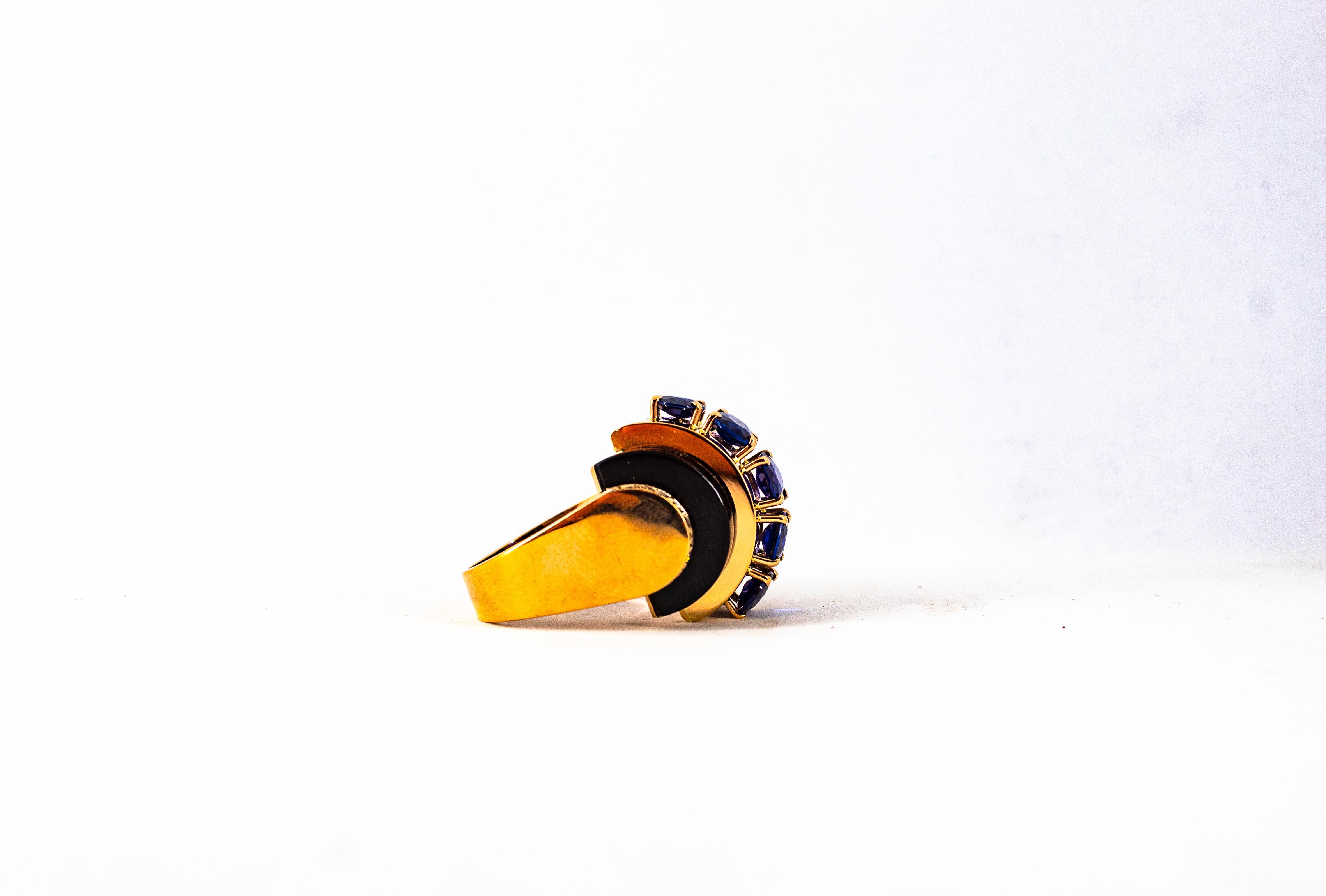 Art Deco Style 3.75 Carat White Diamond Blue Sapphire Onyx Yellow Gold Ring For Sale 11
