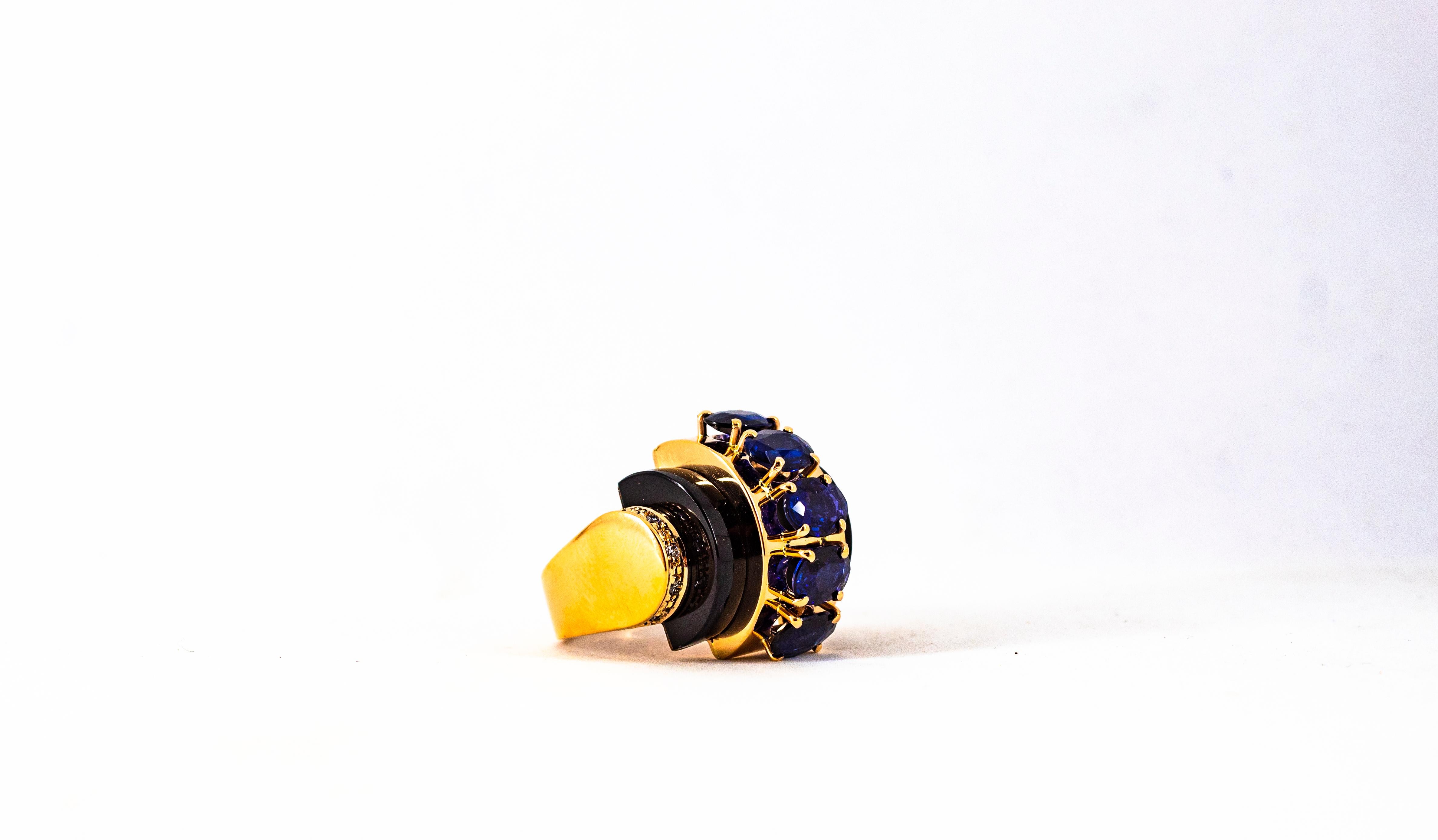 Art Deco Style 3.75 Carat White Diamond Blue Sapphire Onyx Yellow Gold Ring For Sale 12