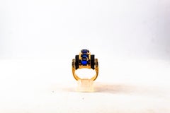 Art Deco Style 3.75 Carat White Diamond Blue Sapphire Onyx Yellow Gold Ring