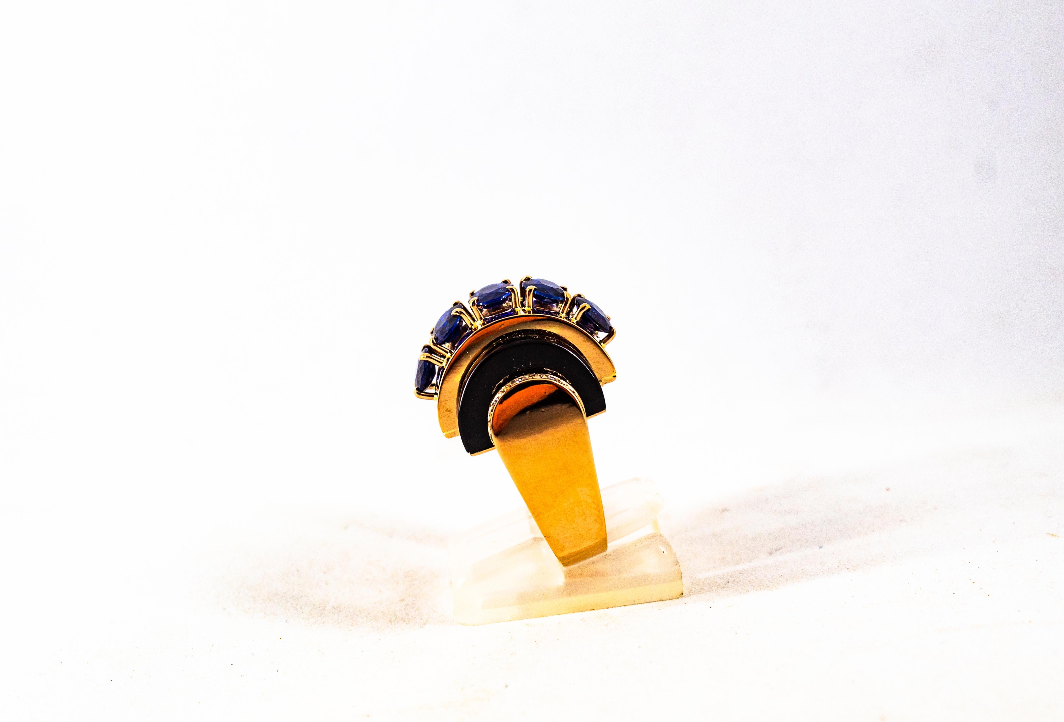 Art Deco Style 3.75 Carat White Diamond Blue Sapphire Onyx Yellow Gold Ring For Sale 1
