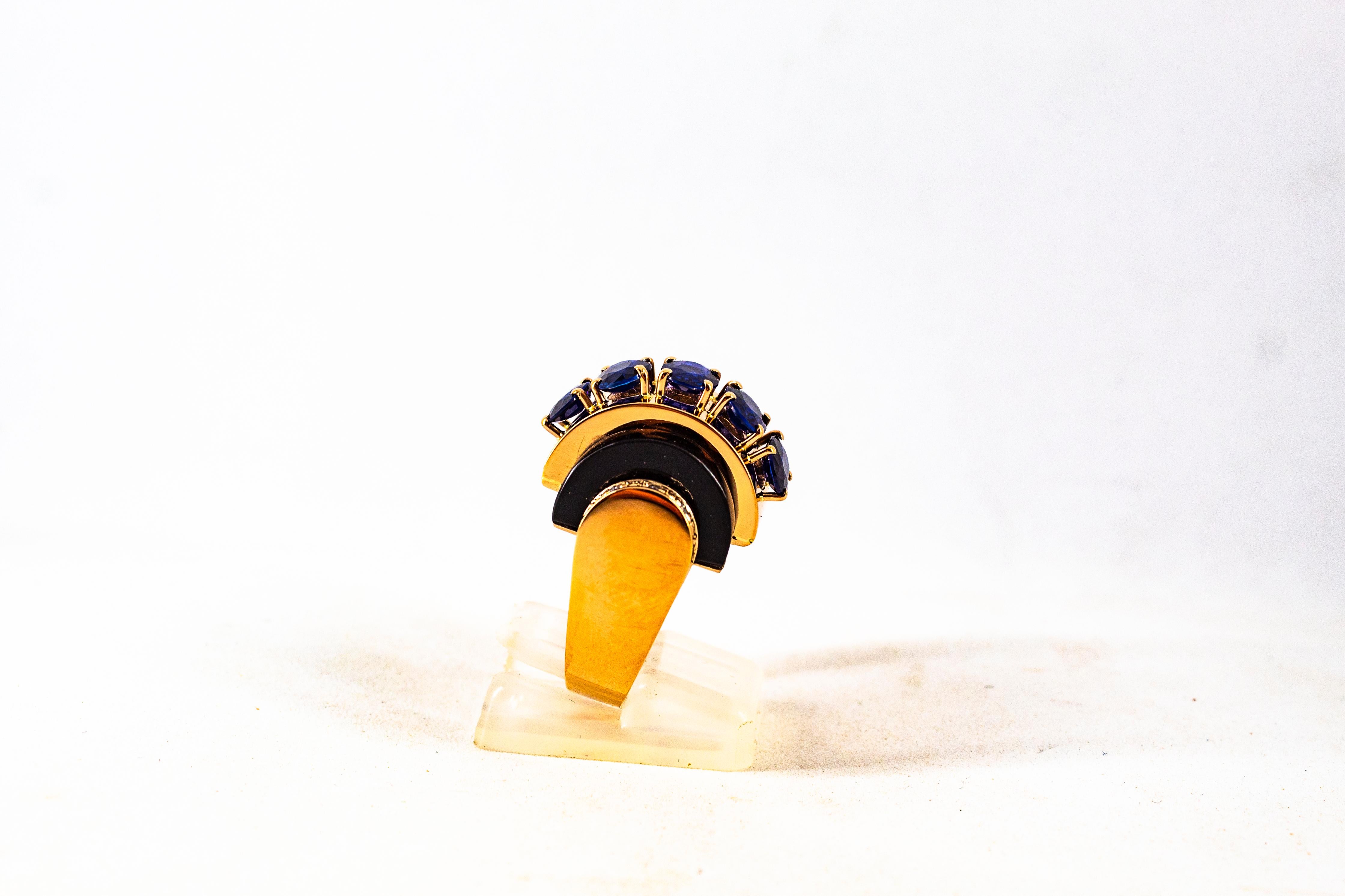 Art Deco Style 3.75 Carat White Diamond Blue Sapphire Onyx Yellow Gold Ring For Sale 3