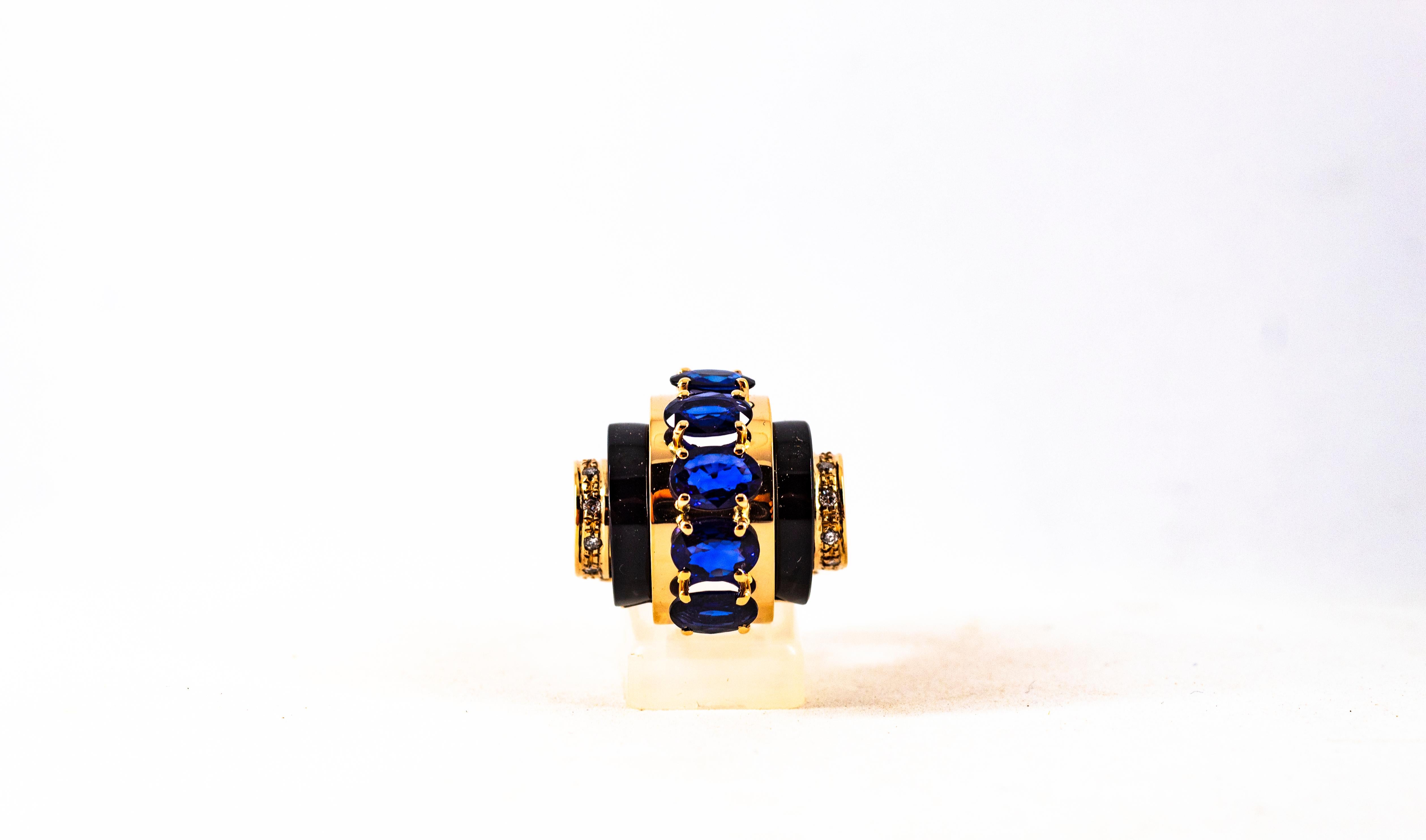 Art Deco Style 3.75 Carat White Diamond Blue Sapphire Onyx Yellow Gold Ring For Sale 4