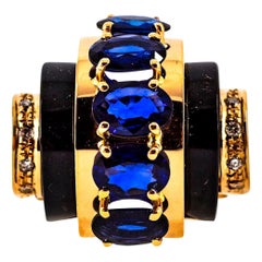 Art Deco Style 3.75 Carat White Diamond Blue Sapphire Onyx Yellow Gold Ring