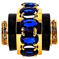 Bague en or jaune de style Art déco avec diamant blanc de 3,75 carats, saphir bleu, onyx et onyx