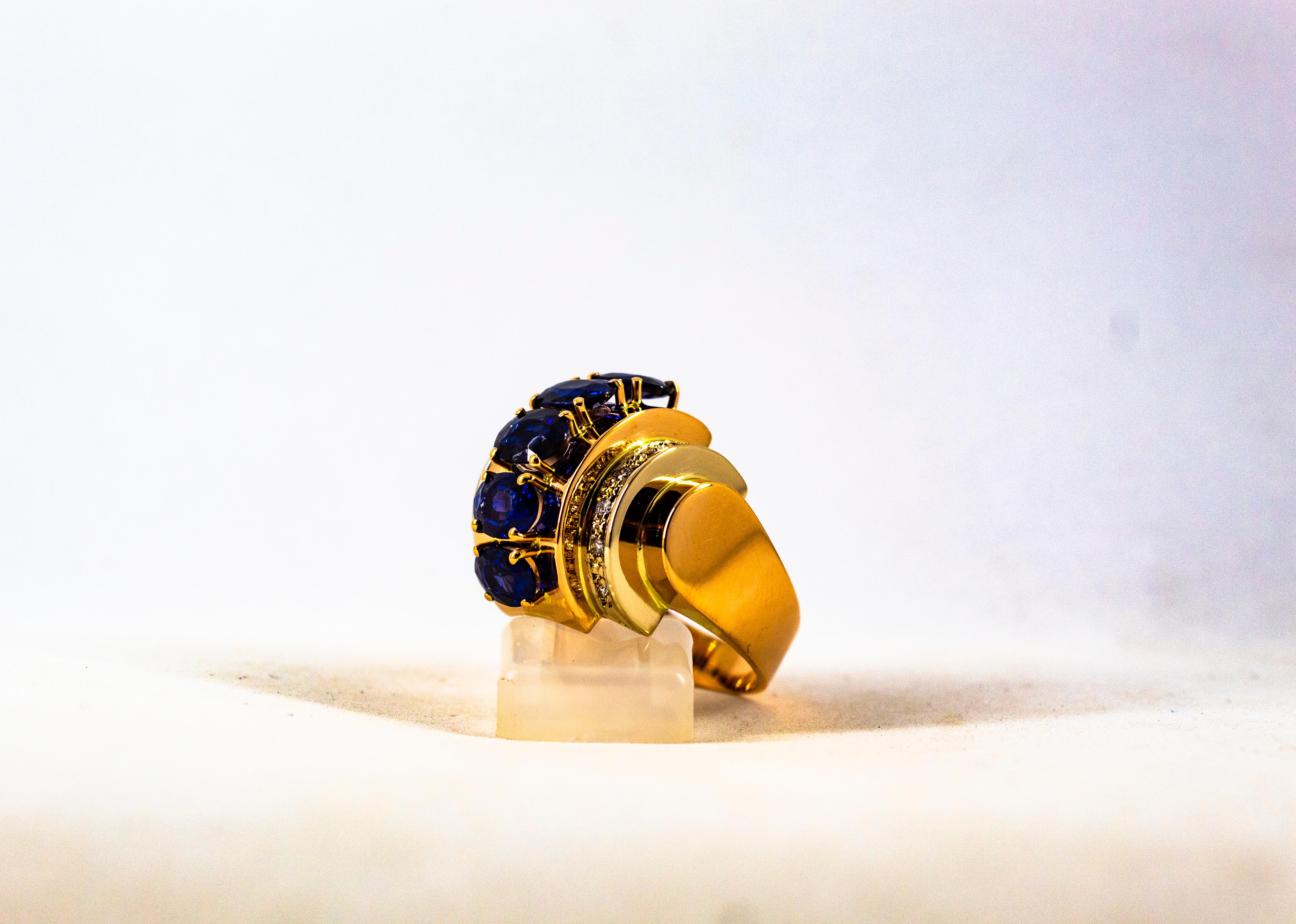 Art Deco Style 3.80 Carat White Diamond Blue Sapphire Yellow Gold Cocktail Ring For Sale 5