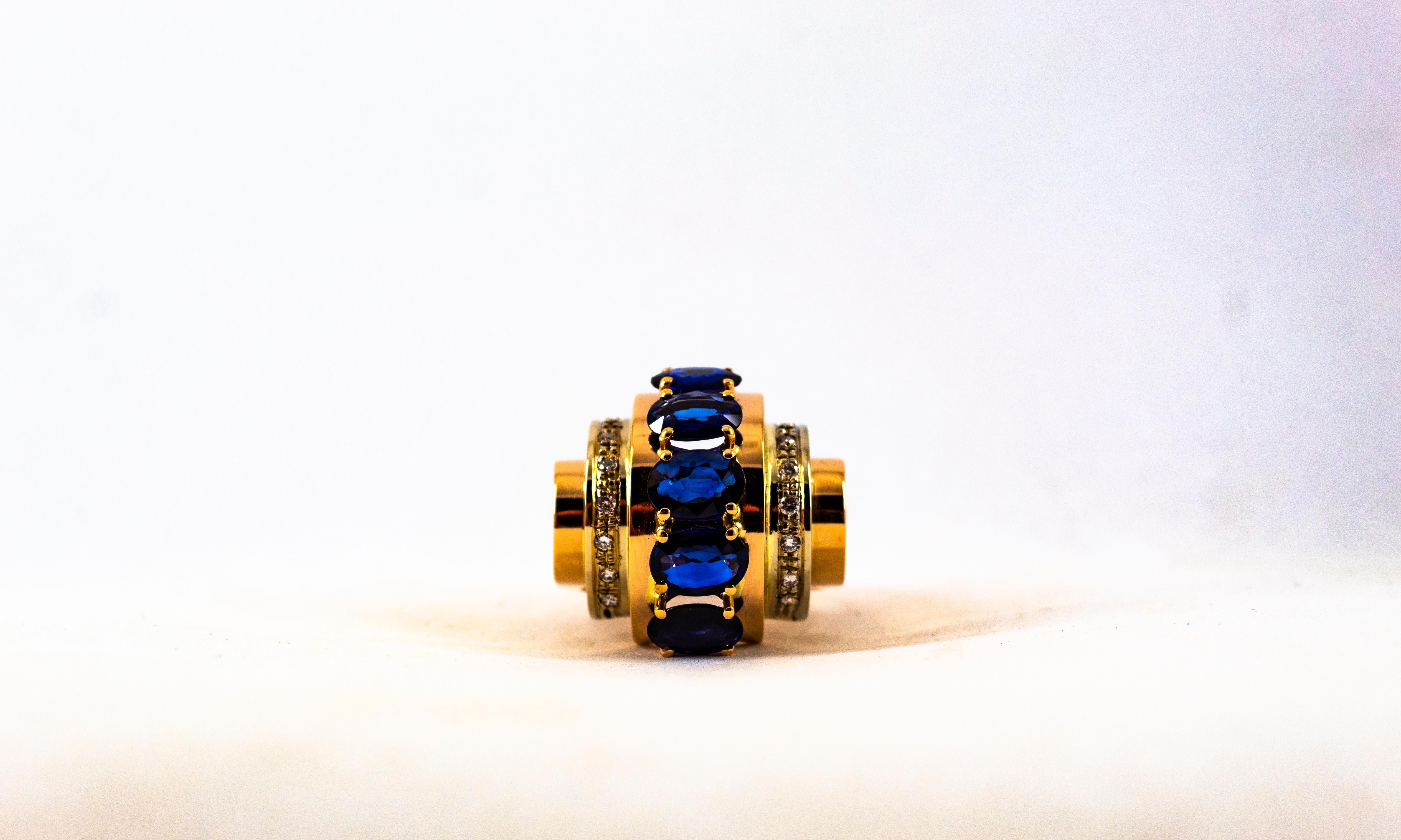 Art Deco Style 3.80 Carat White Diamond Blue Sapphire Yellow Gold Cocktail Ring For Sale 6
