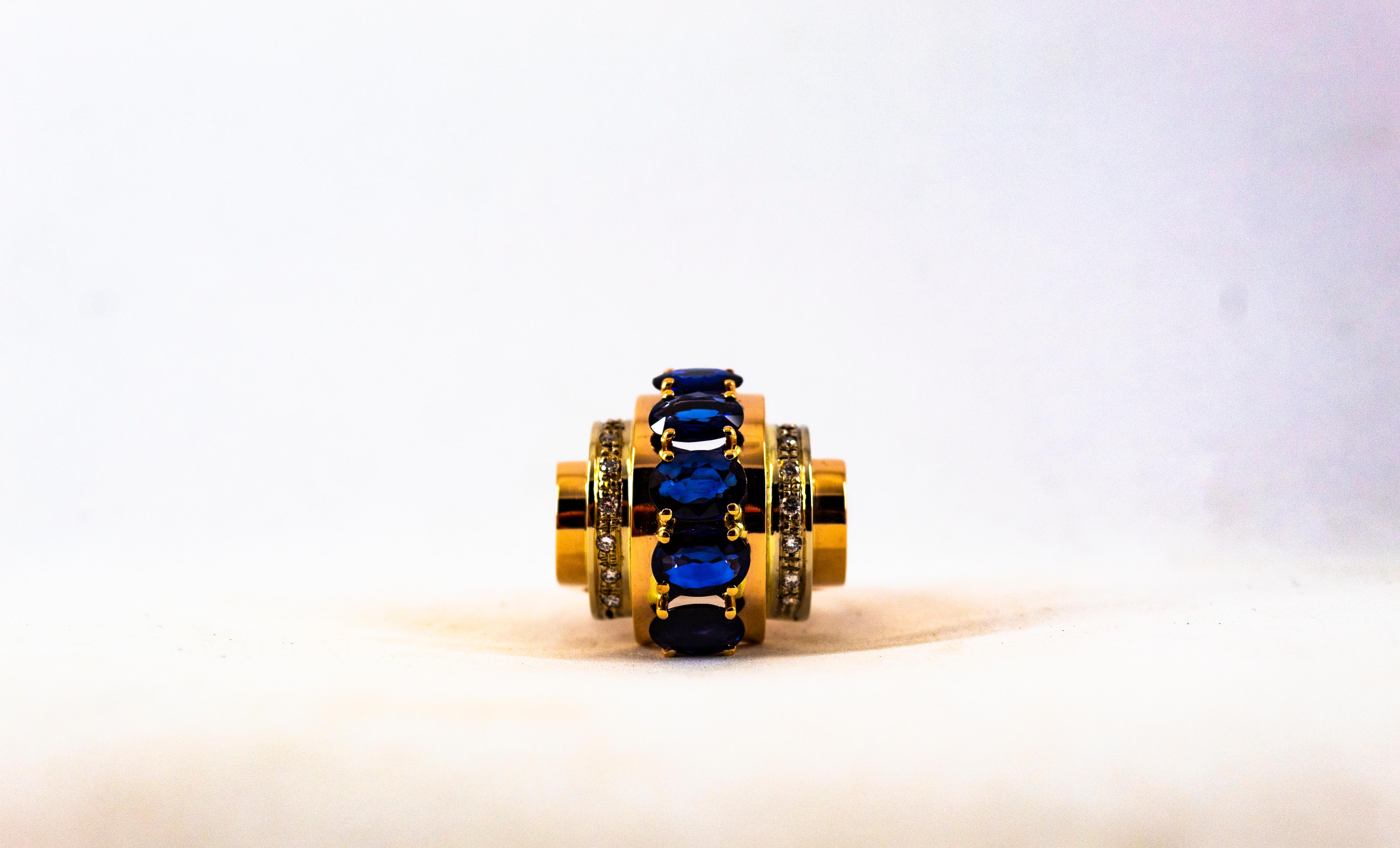 Art Deco Style 3.80 Carat White Diamond Blue Sapphire Yellow Gold Cocktail Ring For Sale 7