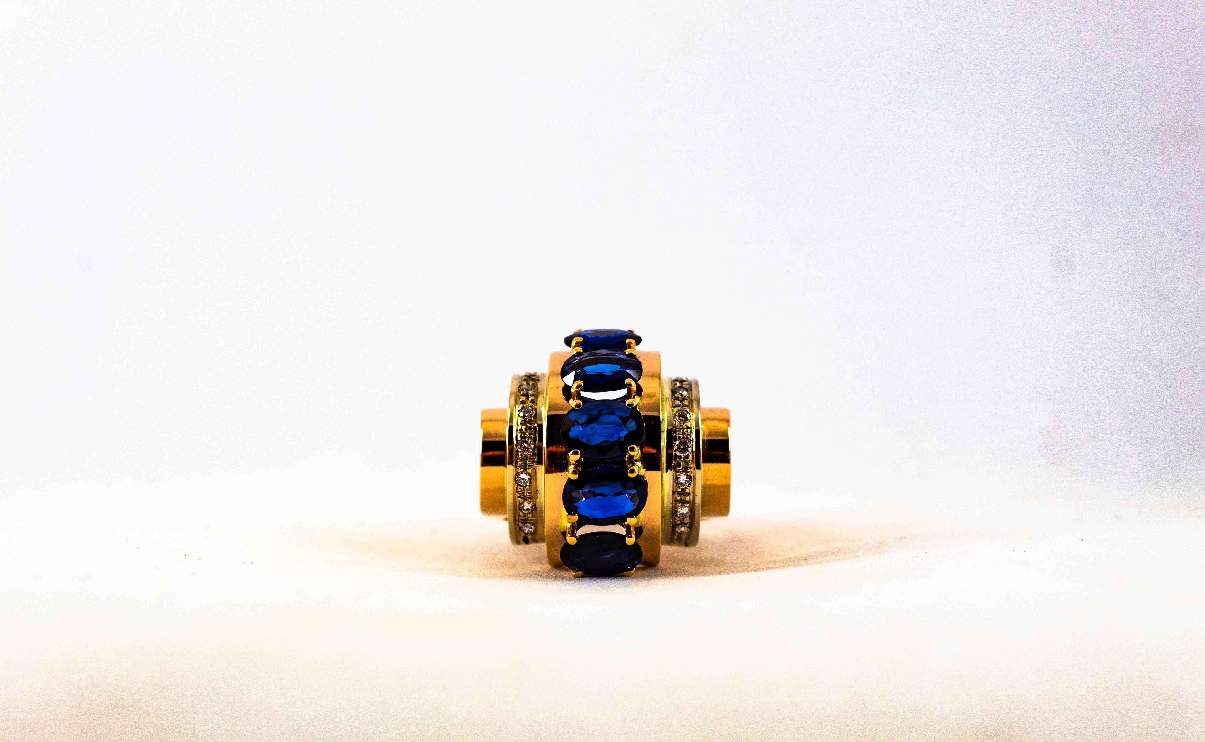 Art Deco Style 3.80 Carat White Diamond Blue Sapphire Yellow Gold Cocktail Ring For Sale 8