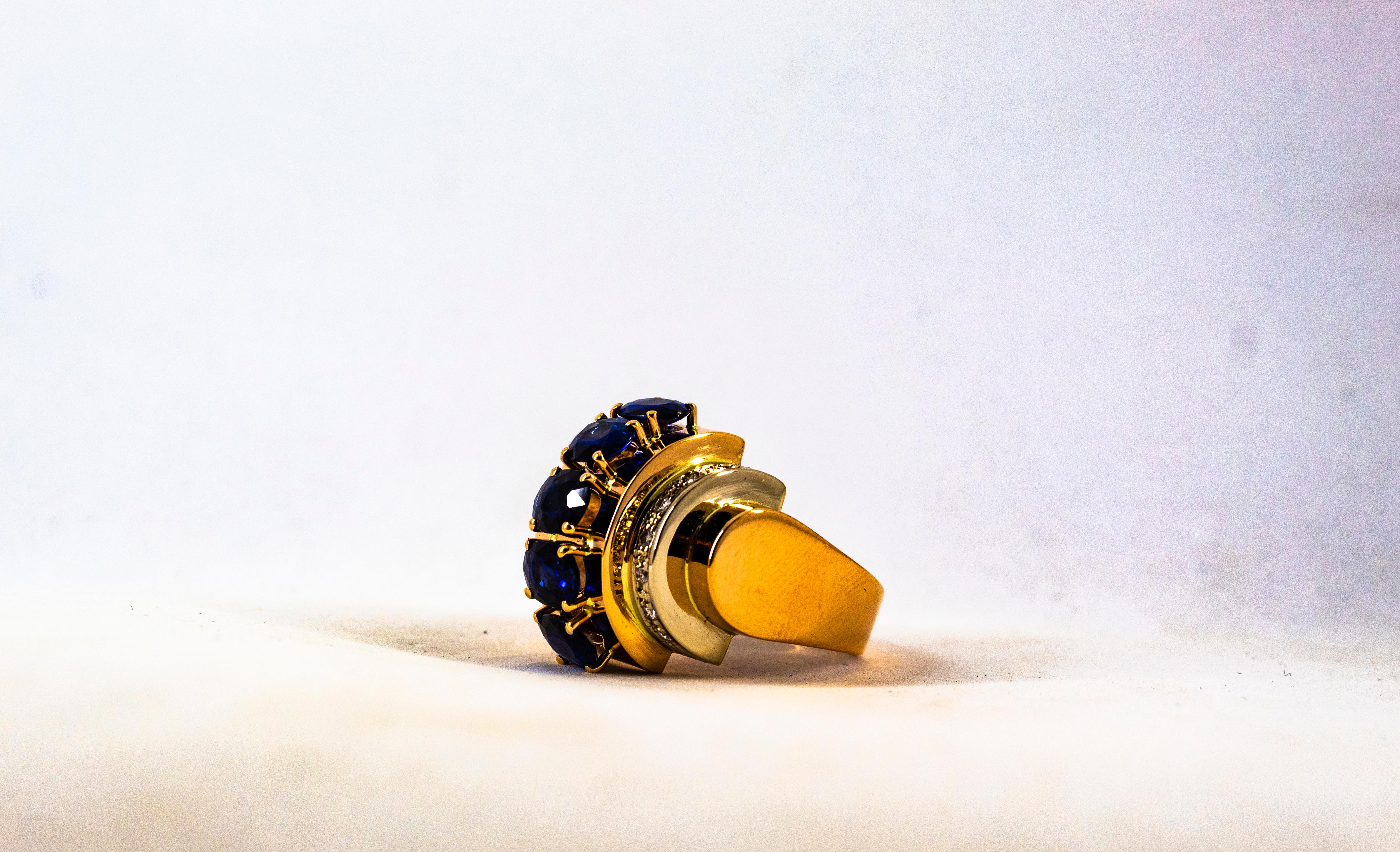 Art Deco Style 3.80 Carat White Diamond Blue Sapphire Yellow Gold Cocktail Ring For Sale 9