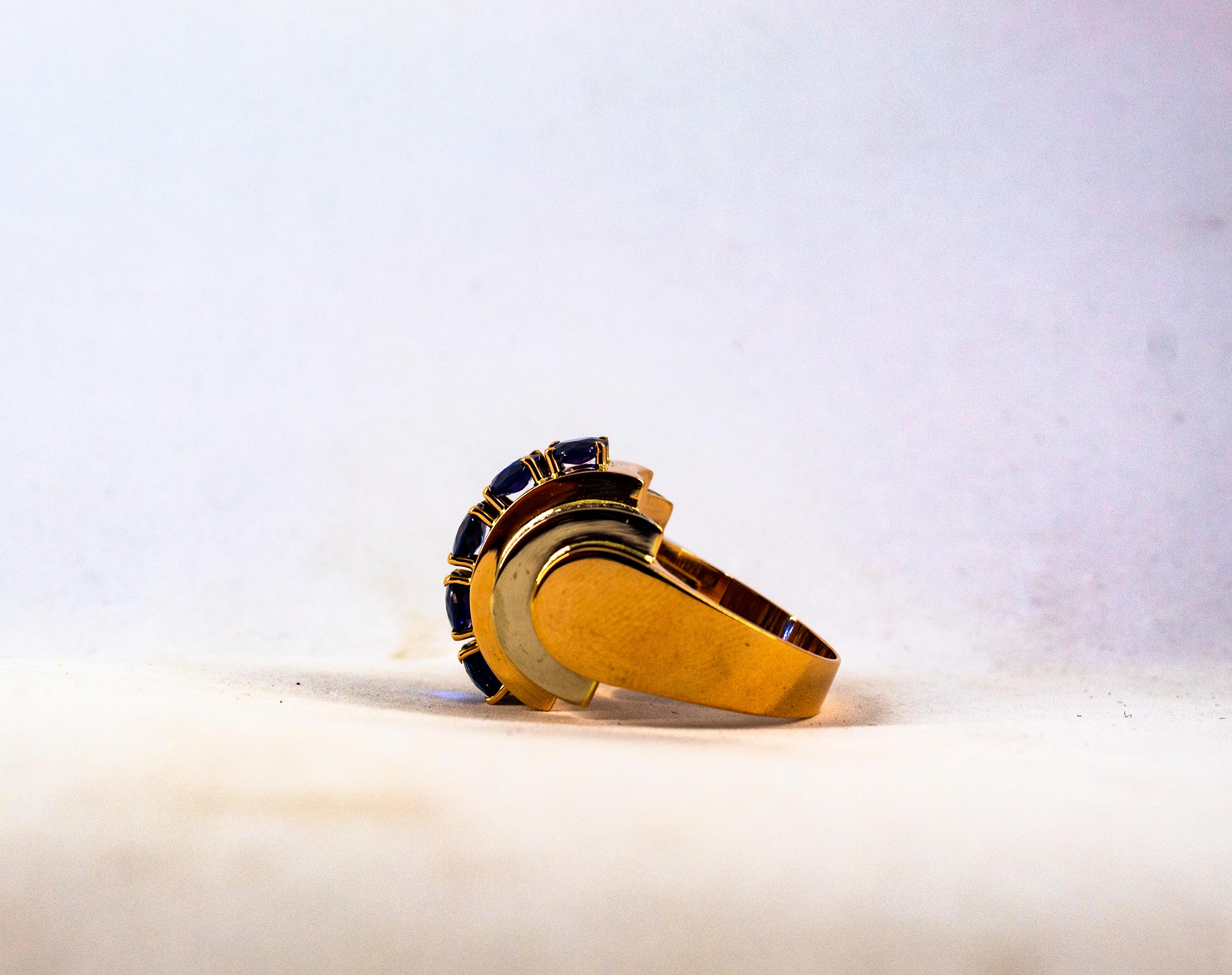 Art Deco Style 3.80 Carat White Diamond Blue Sapphire Yellow Gold Cocktail Ring For Sale 10