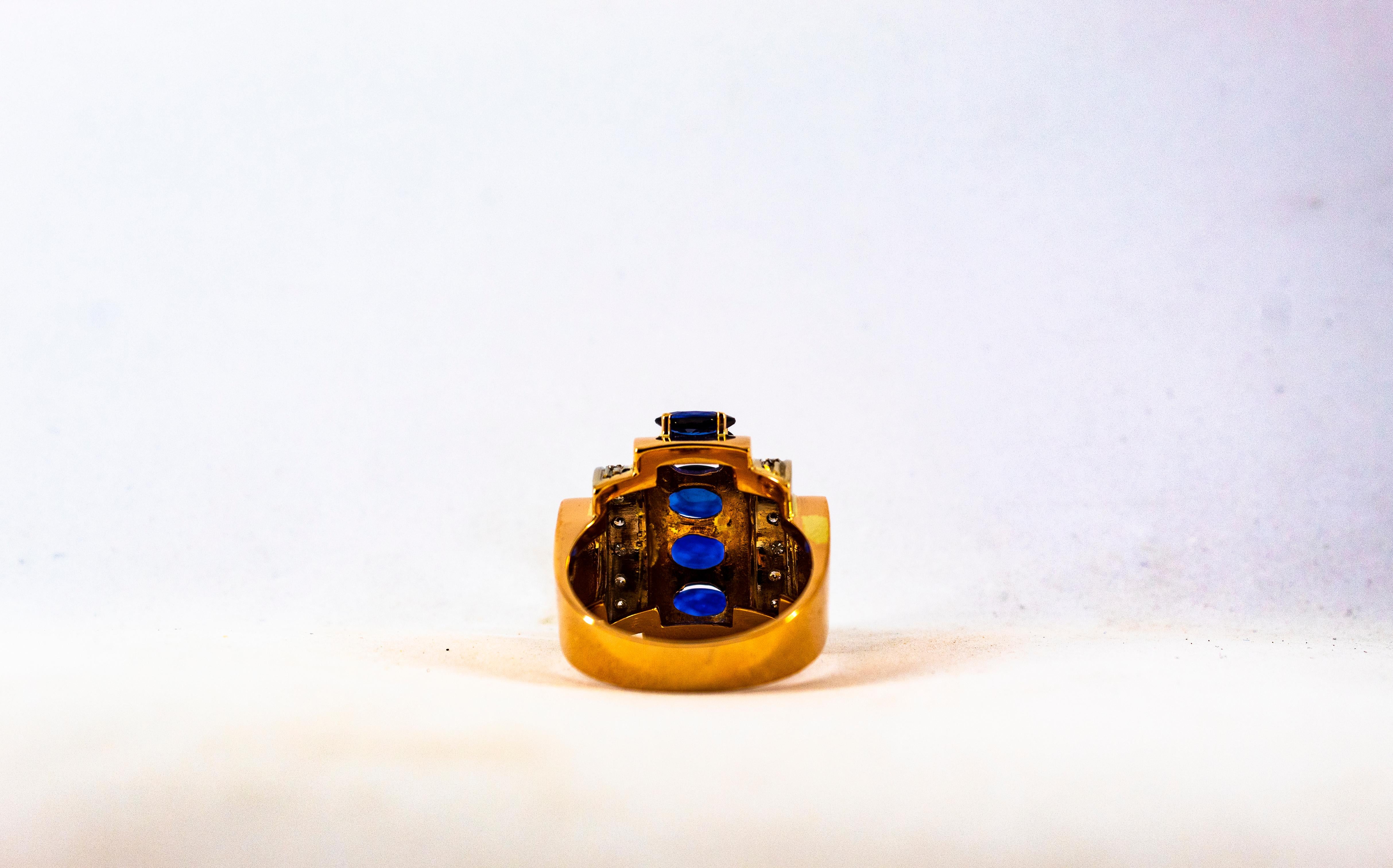 Art Deco Style 3.80 Carat White Diamond Blue Sapphire Yellow Gold Cocktail Ring 11