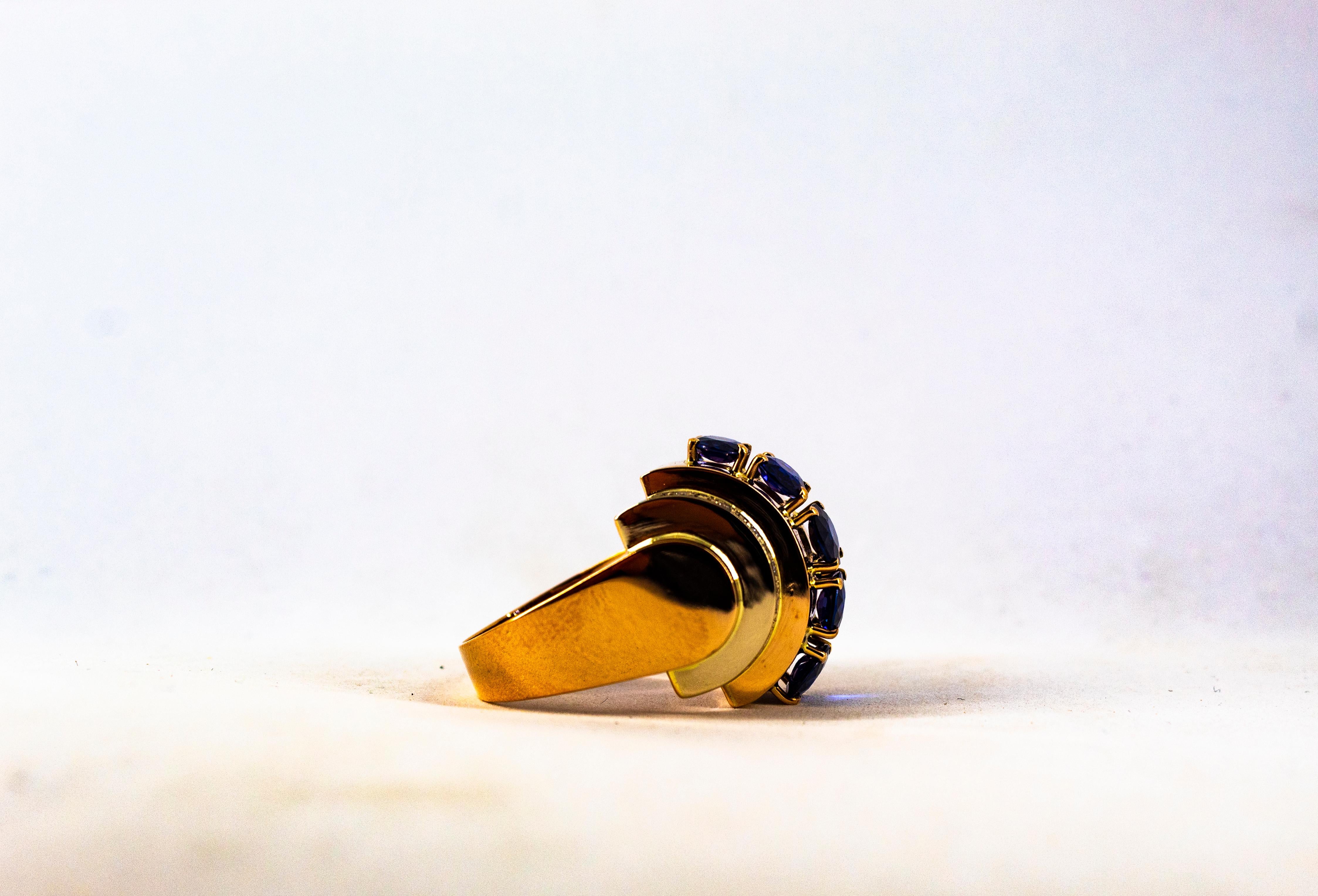 Art Deco Style 3.80 Carat White Diamond Blue Sapphire Yellow Gold Cocktail Ring For Sale 12