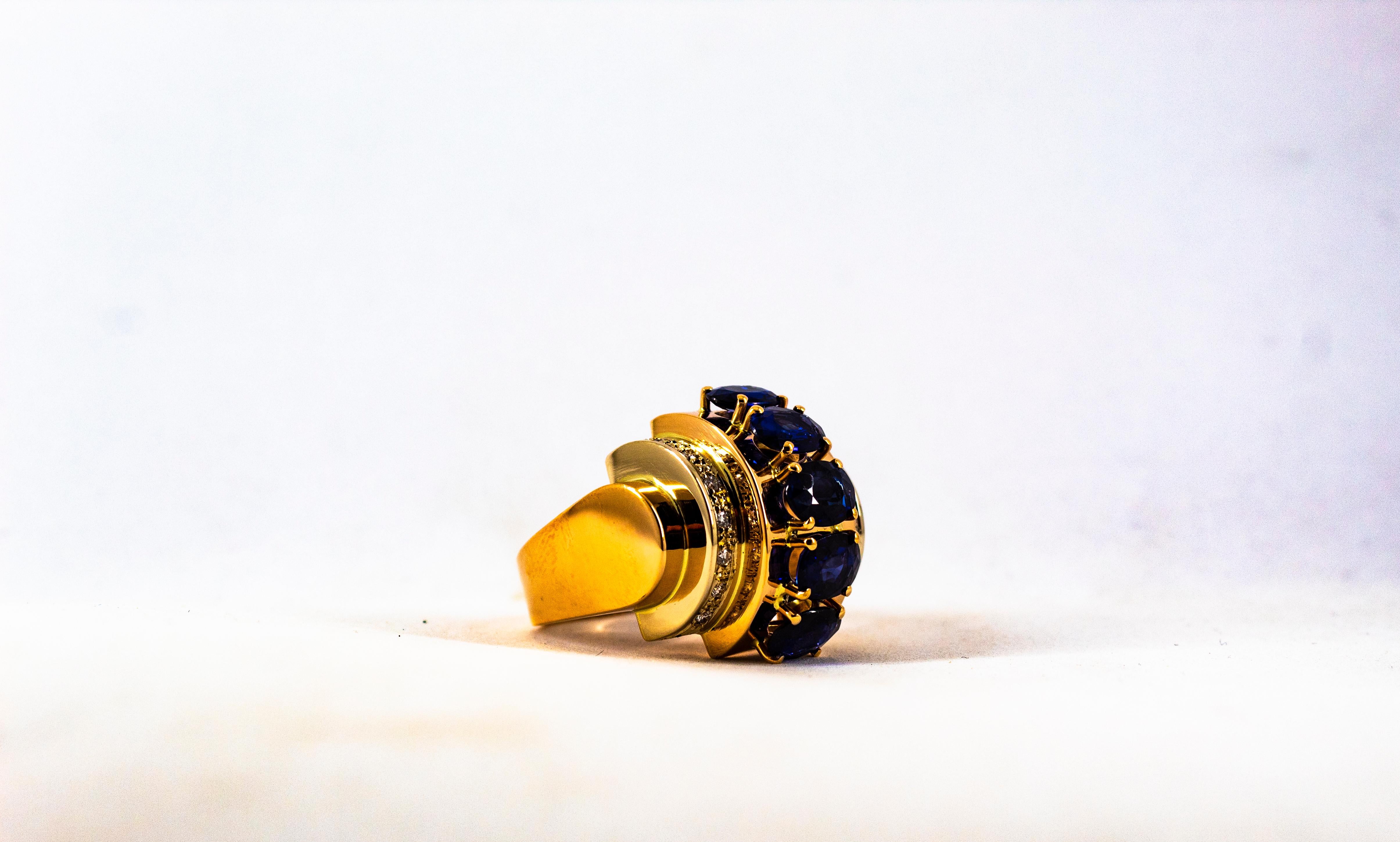 Art Deco Style 3.80 Carat White Diamond Blue Sapphire Yellow Gold Cocktail Ring For Sale 13