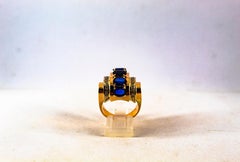 Art Deco Style 3.80 Carat White Diamond Blue Sapphire Yellow Gold Cocktail Ring