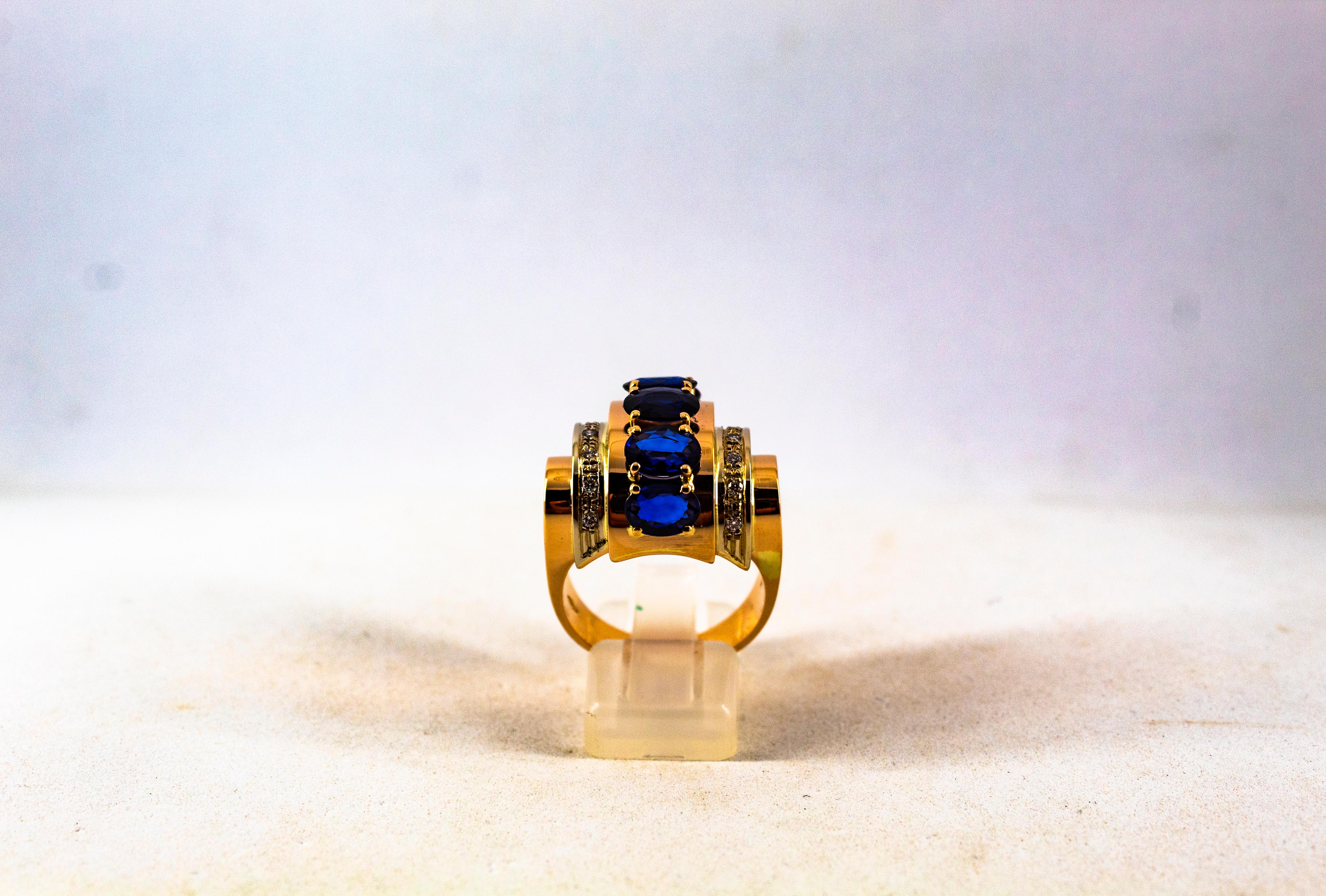 This Ring is made of 14K Yellow Gold.
This Ring has 0.30 Carats of White Brilliant Cut Diamonds.
This Ring has 3.50 Carats of Oval Cut Blue Sapphires.

This Ring is available also with Emeralds or Rubies.

Size ITA: 19 USA: 8 3/4

We're a workshop
