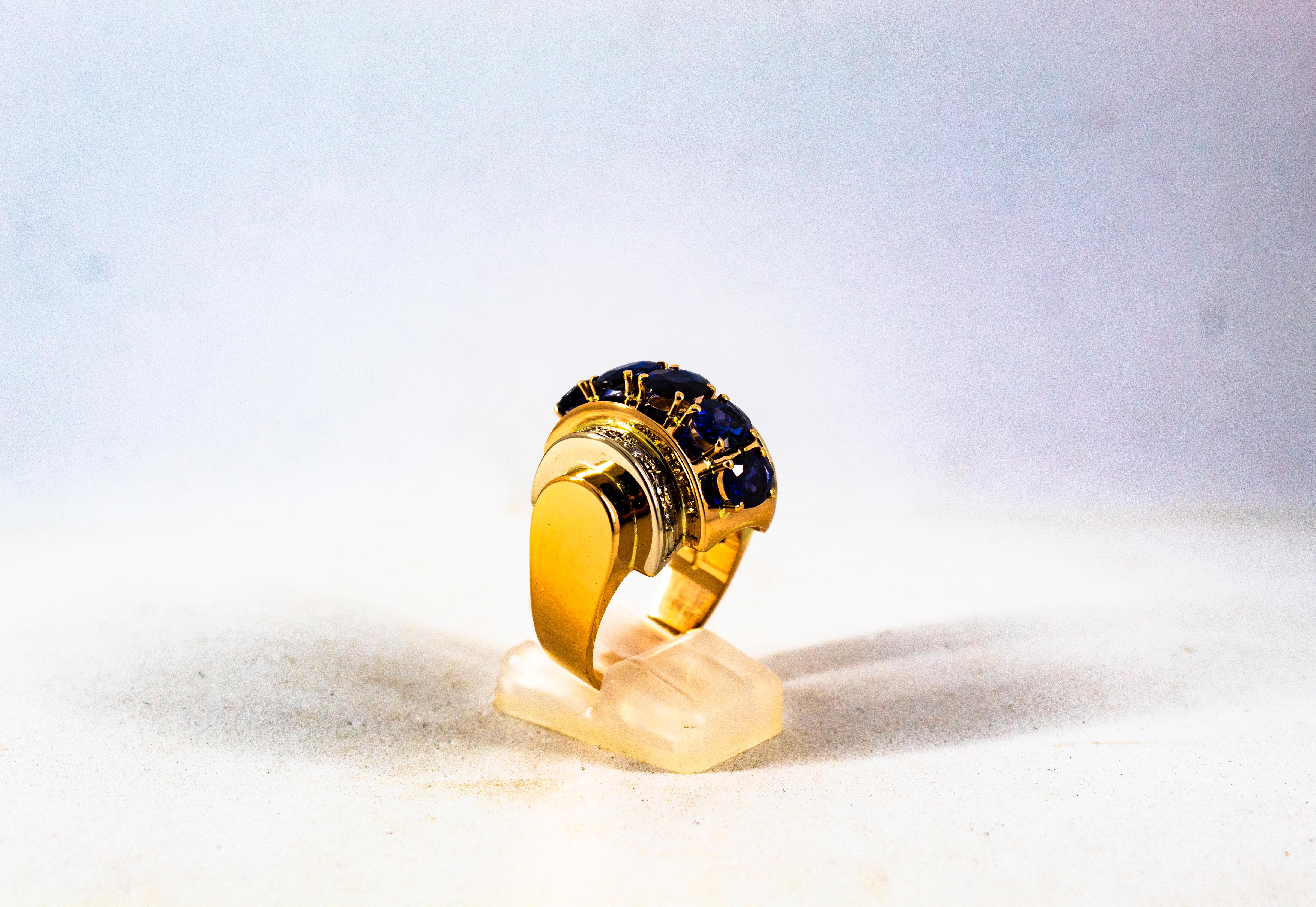 Brilliant Cut Art Deco Style 3.80 Carat White Diamond Blue Sapphire Yellow Gold Cocktail Ring For Sale