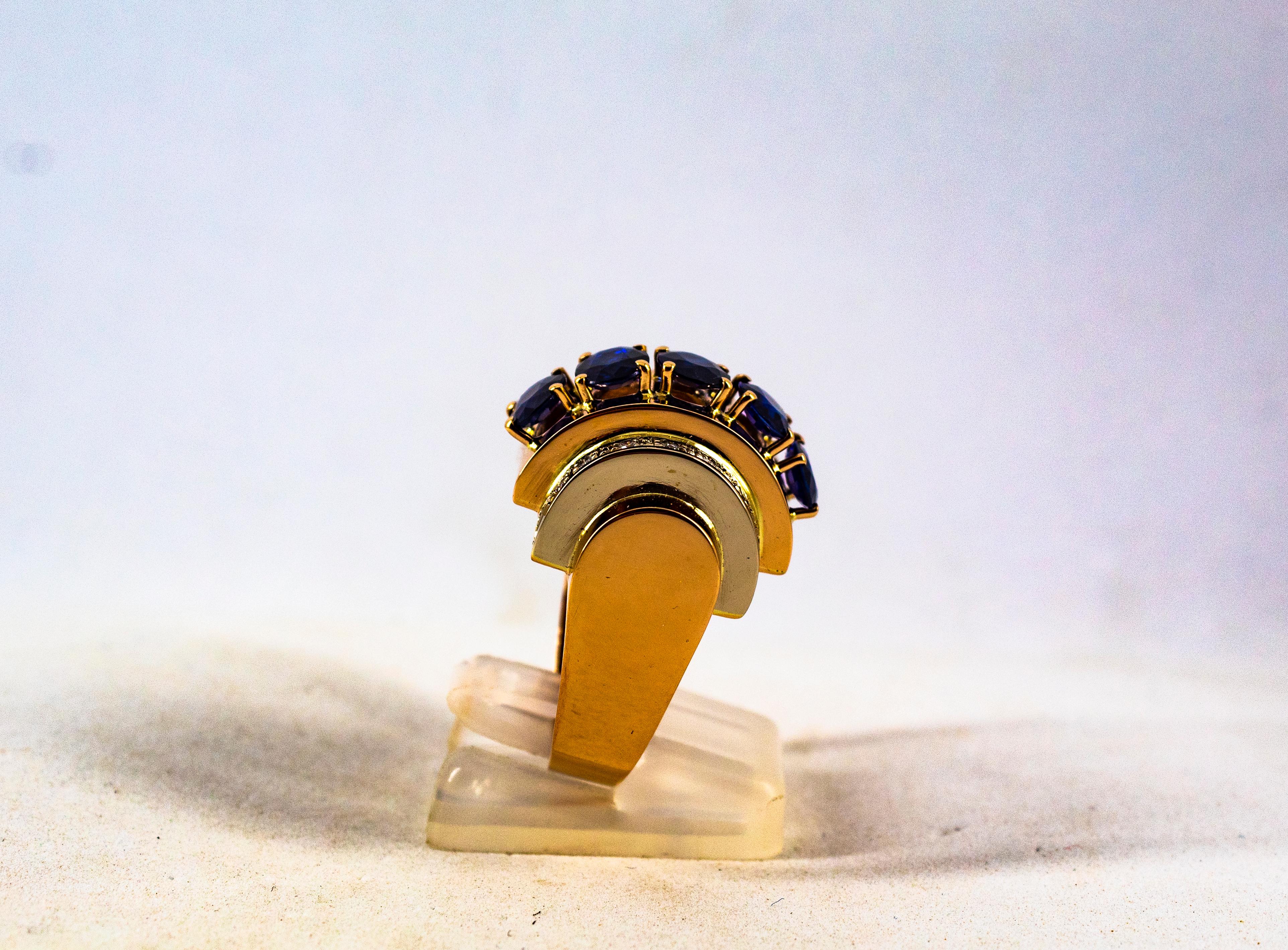 Art Deco Style 3.80 Carat White Diamond Blue Sapphire Yellow Gold Cocktail Ring In New Condition In Naples, IT