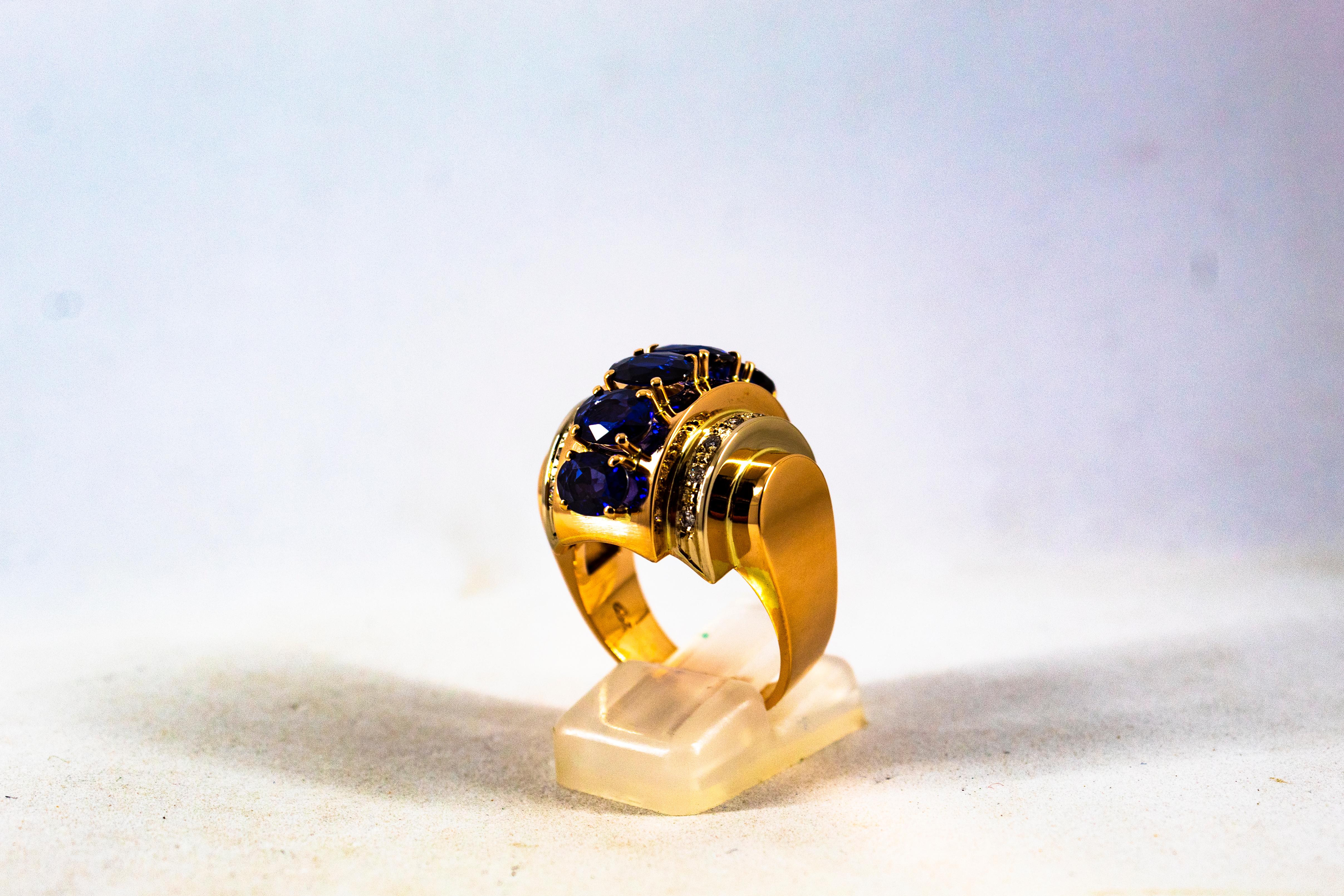 Art Deco Style 3.80 Carat White Diamond Blue Sapphire Yellow Gold Cocktail Ring For Sale 2