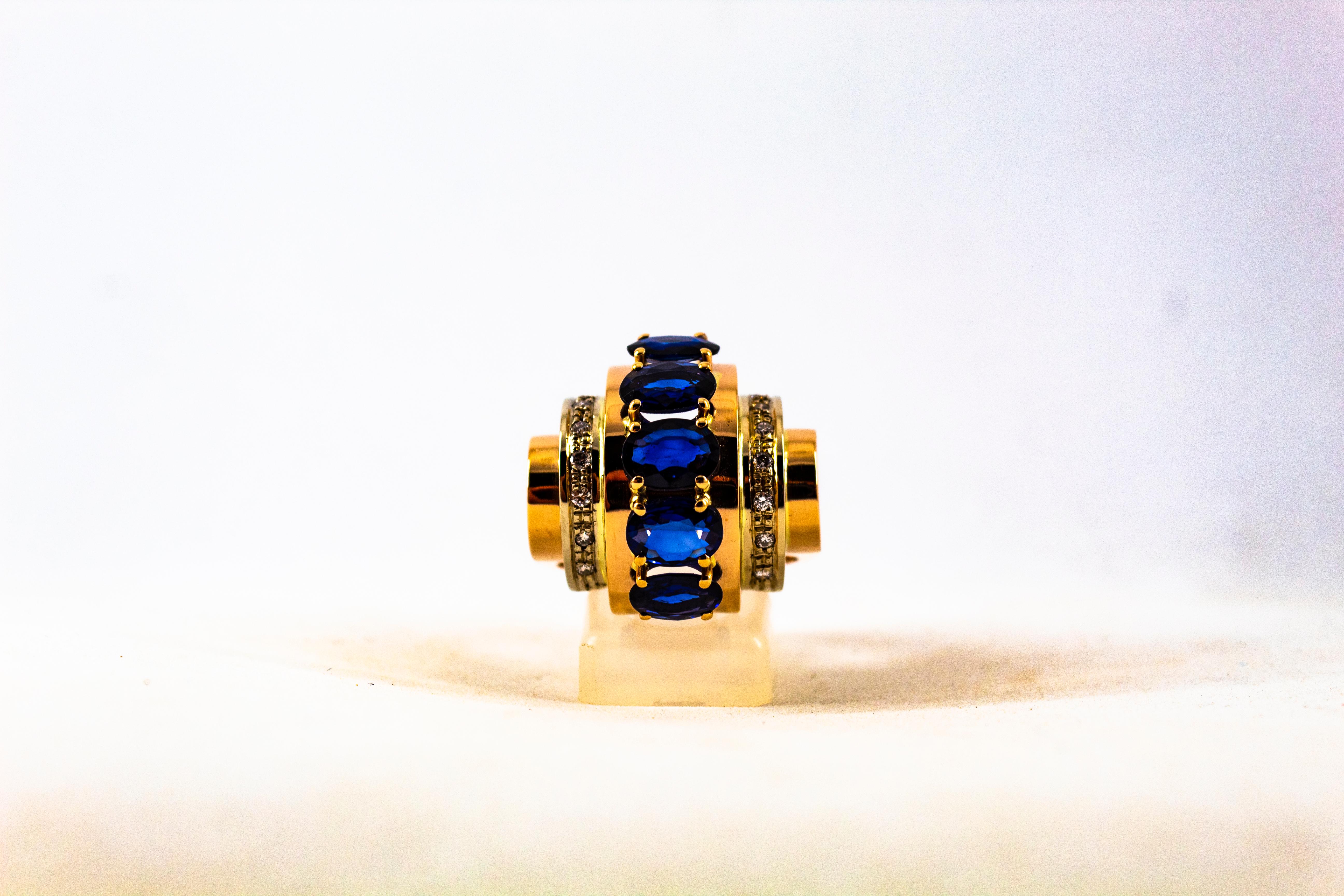 Art Deco Style 3.80 Carat White Diamond Blue Sapphire Yellow Gold Cocktail Ring For Sale 3