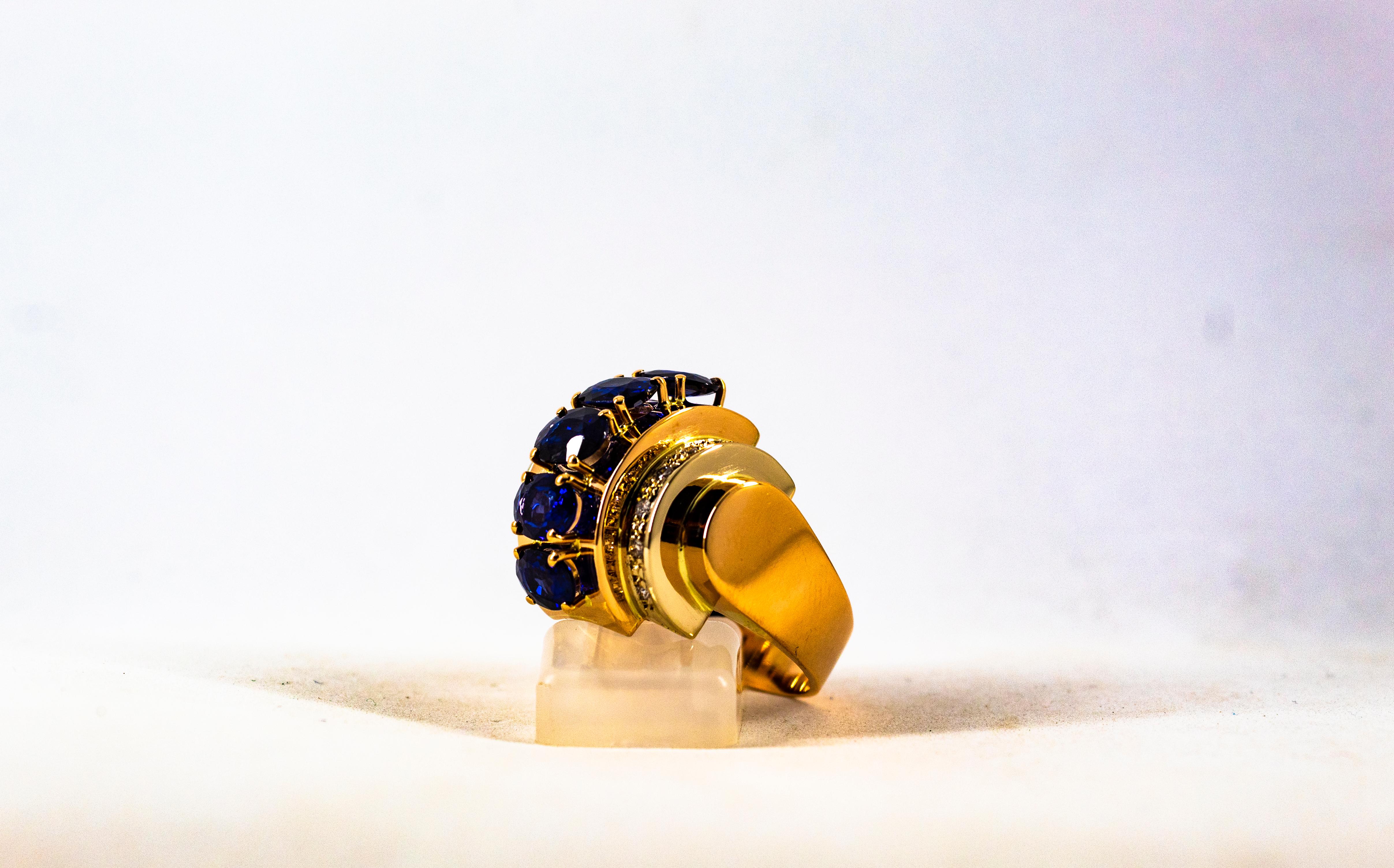 Art Deco Style 3.80 Carat White Diamond Blue Sapphire Yellow Gold Cocktail Ring For Sale 4