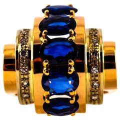 Art Deco Style 3.80 Carat White Diamond Blue Sapphire Yellow Gold Cocktail Ring