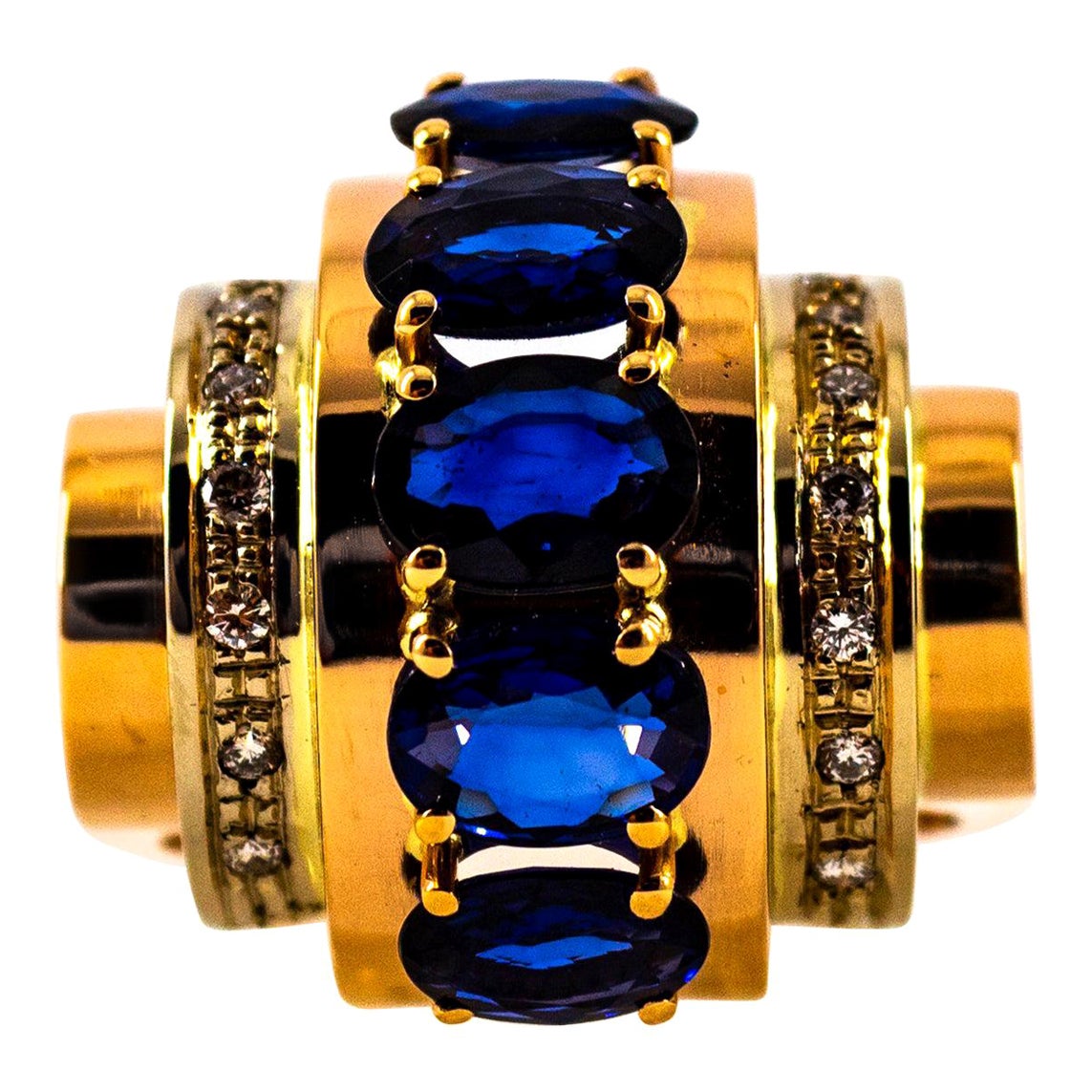 Art Deco Style 3.80 Carat White Diamond Blue Sapphire Yellow Gold Cocktail Ring For Sale
