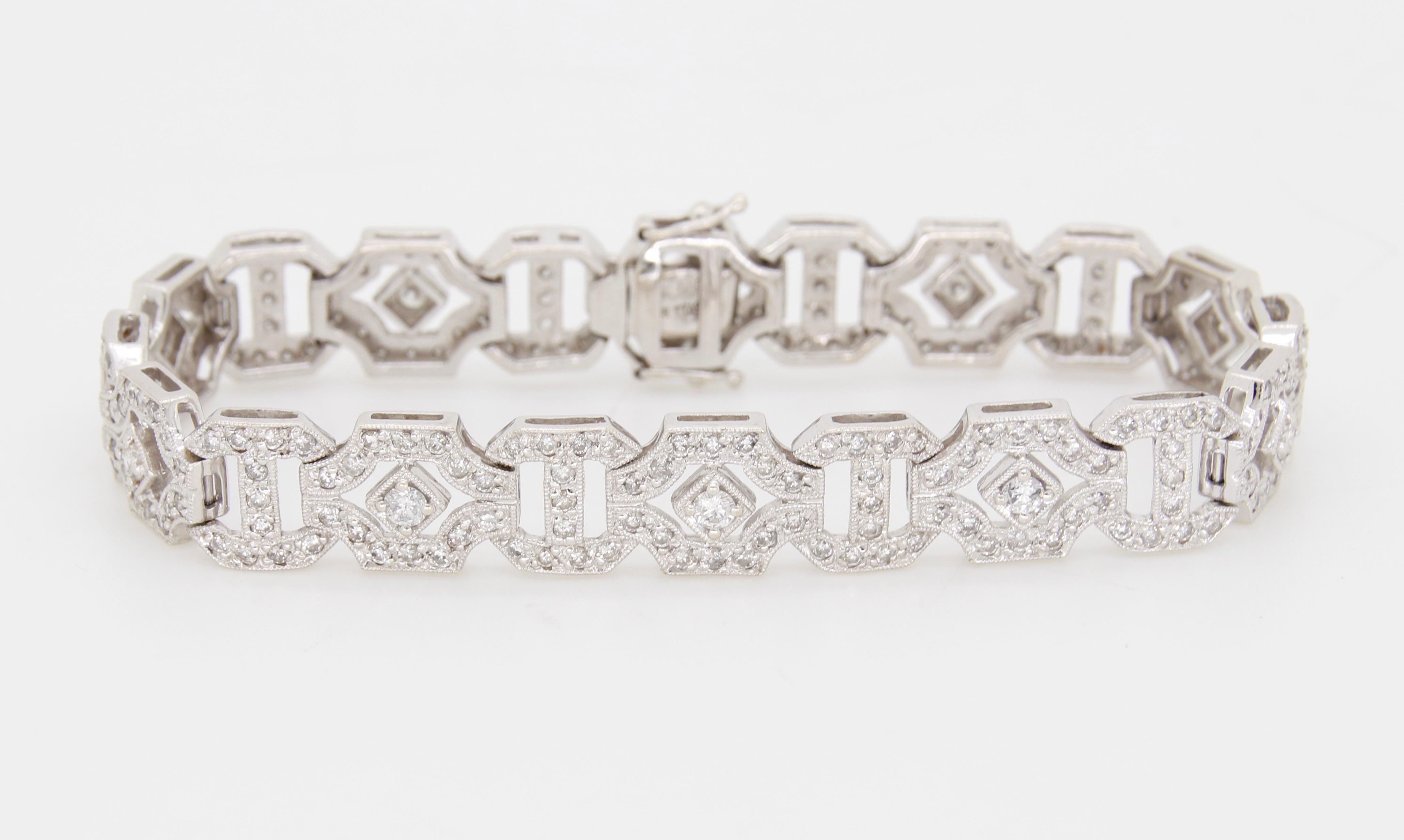 Art Deco style 3.85CTW diamond bracelet made with Round Brilliant cut diamonds in 14k white gold. 

Diamond Carat Weight: Approximately 3.85CTW
Diamond Cut: Round Brilliant Cut     
Color: Average: G-H
Clarity: Average: SI-I
Metal: 14K White