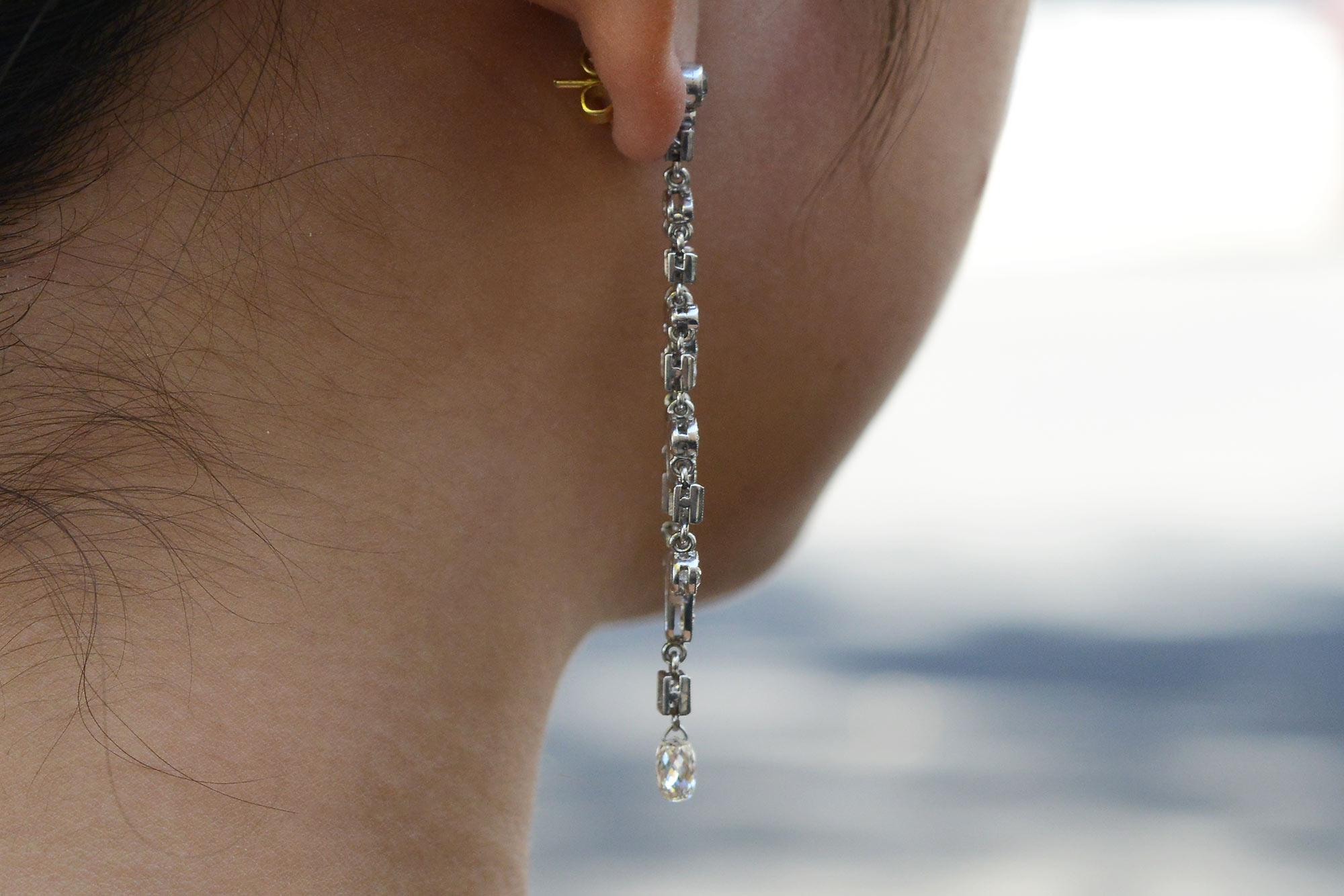 French Cut Art Deco Style 4 Carat Diamond Chandelier Earrings